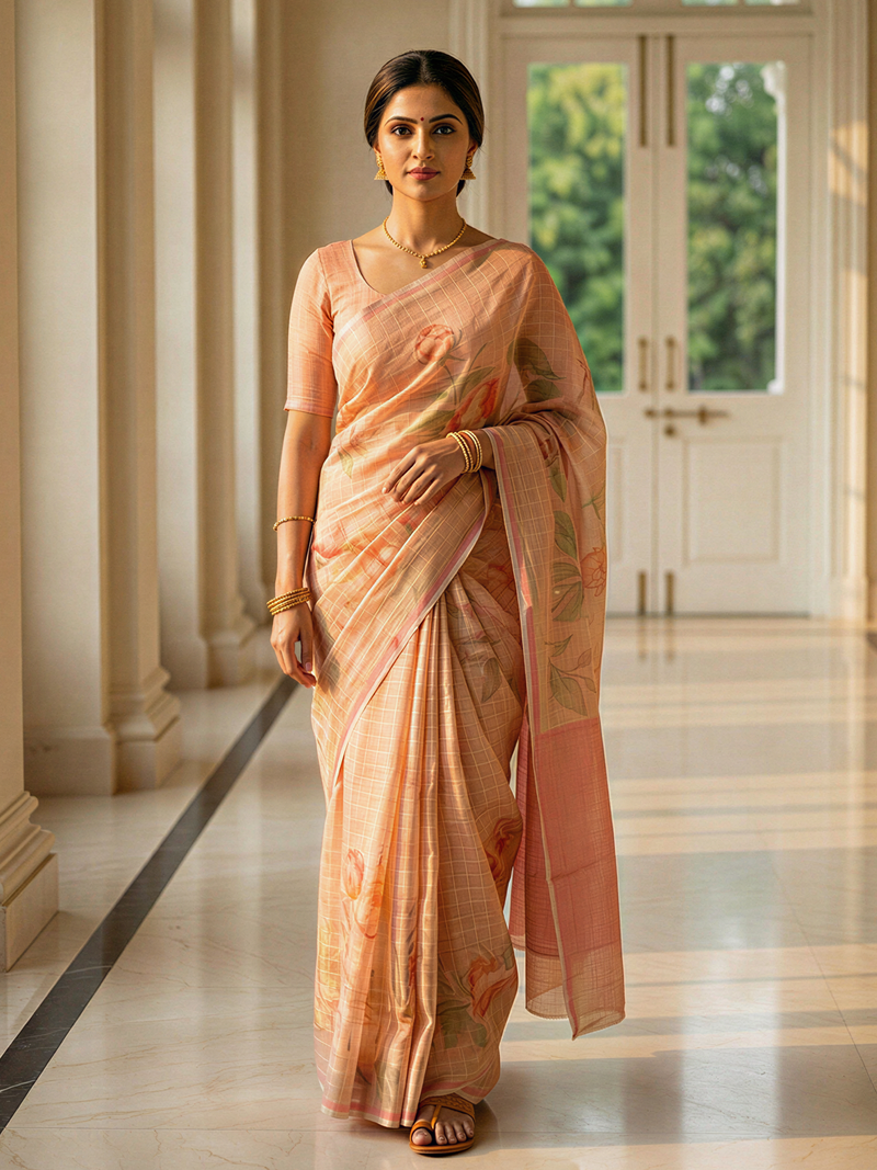 Woman in a peach saree standing in a well-lit room with columns.