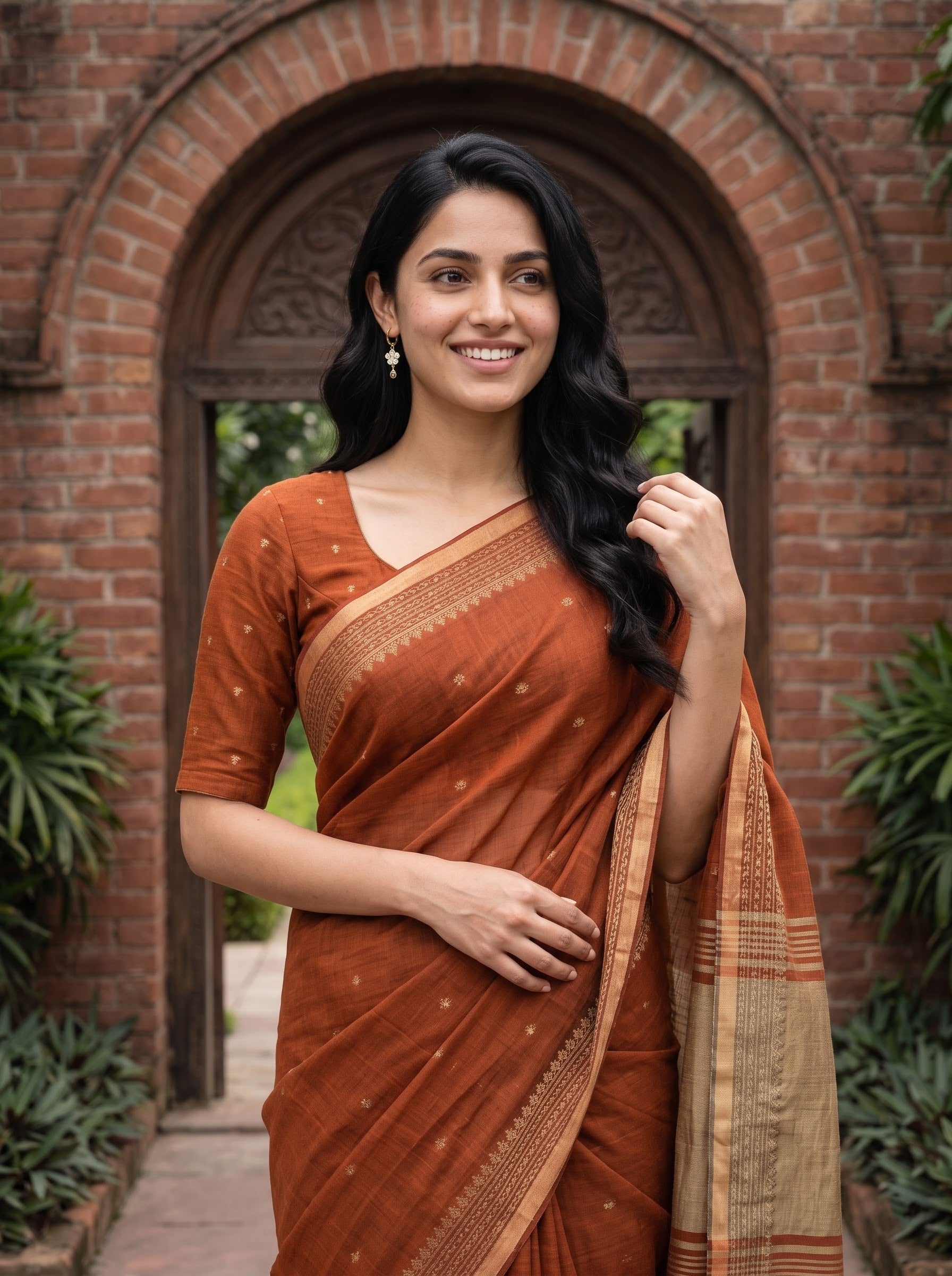 A woman wearing a rust-orange saree with a beige border and matching blouse, standing in front of a brick archway.
