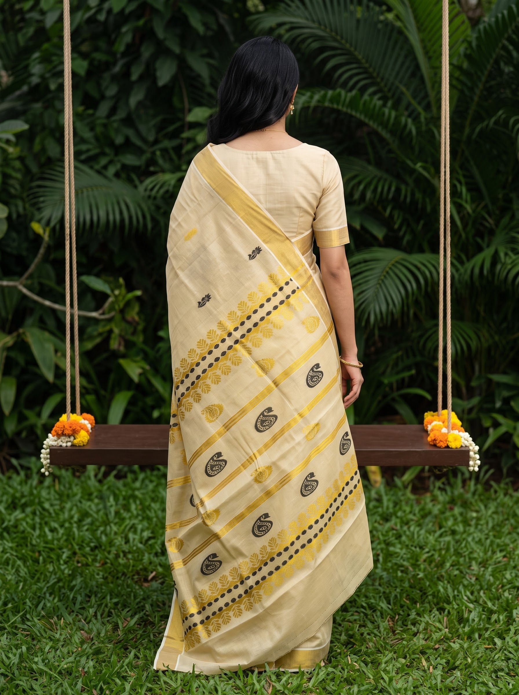 Tissue Golden Cream Paisley Border with Black Zari Stripe Pallu Onam Special Kerala Saree