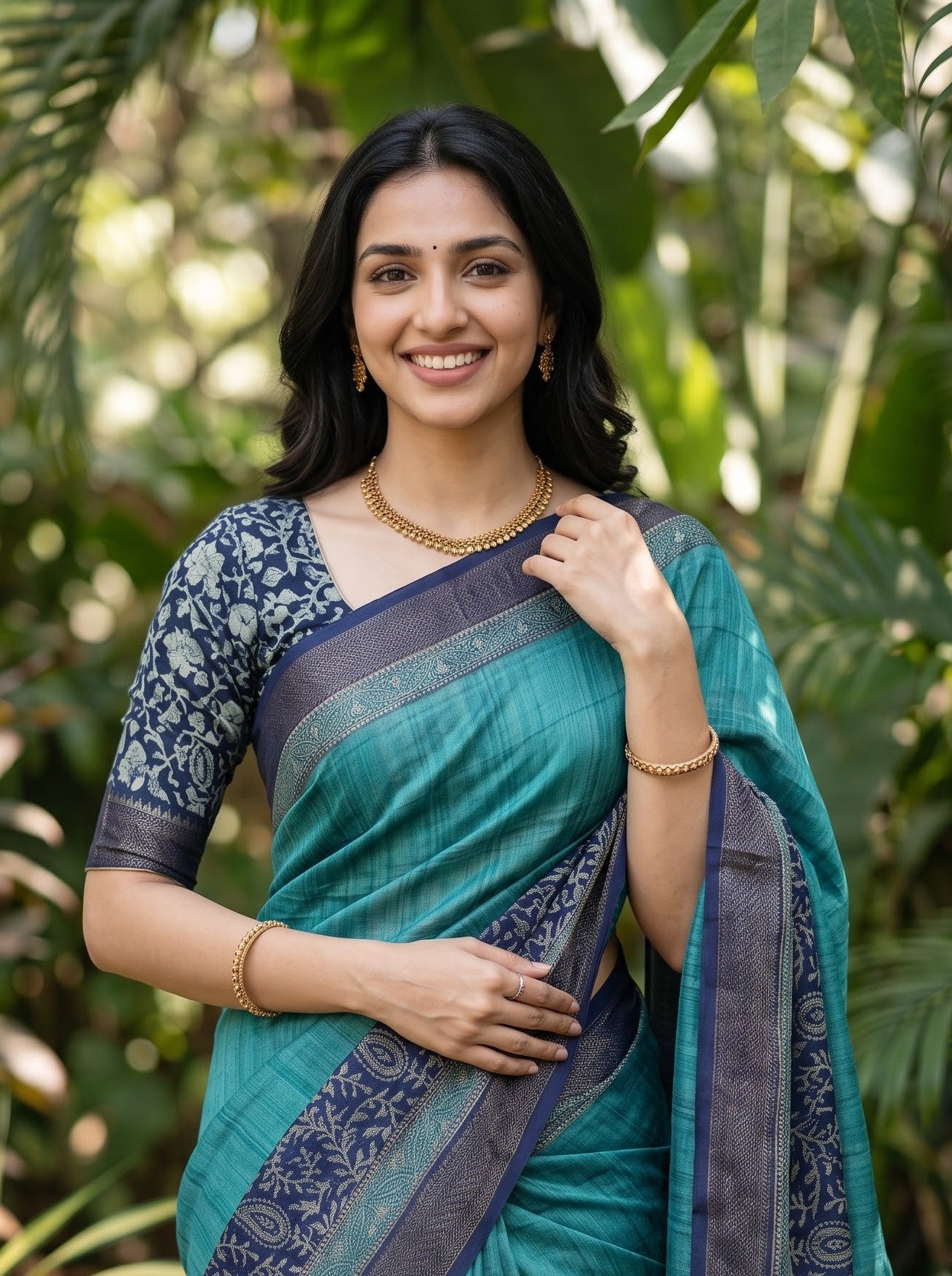 A woman wearing a teal and navy blue saree with floral patterns on the sleeves, standing outdoors against a lush green background.