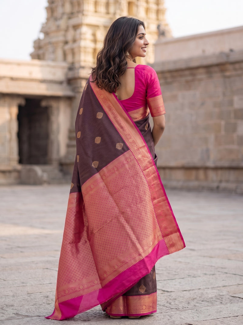 A woman wearing a traditional Indian saree stands outdoors in front of a stone temple structure. The saree has a dark brown body with small gold motifs, a pink border, and a pink blouse.