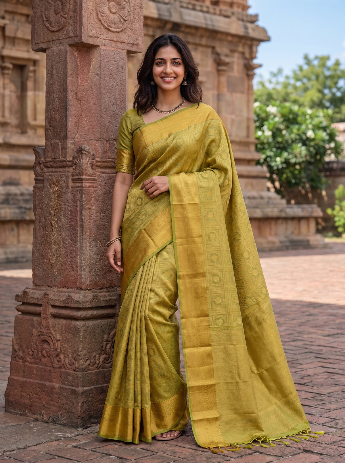 A woman wearing a yellow-green silk saree with a matching blouse, standing outdoors next to a carved stone pillar in front of a historic temple structure.