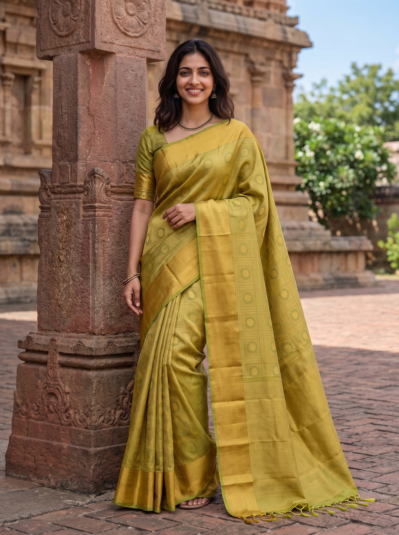 A woman wearing a yellow-green silk saree with a matching blouse, standing outdoors next to a carved stone pillar in front of a historic temple structure.