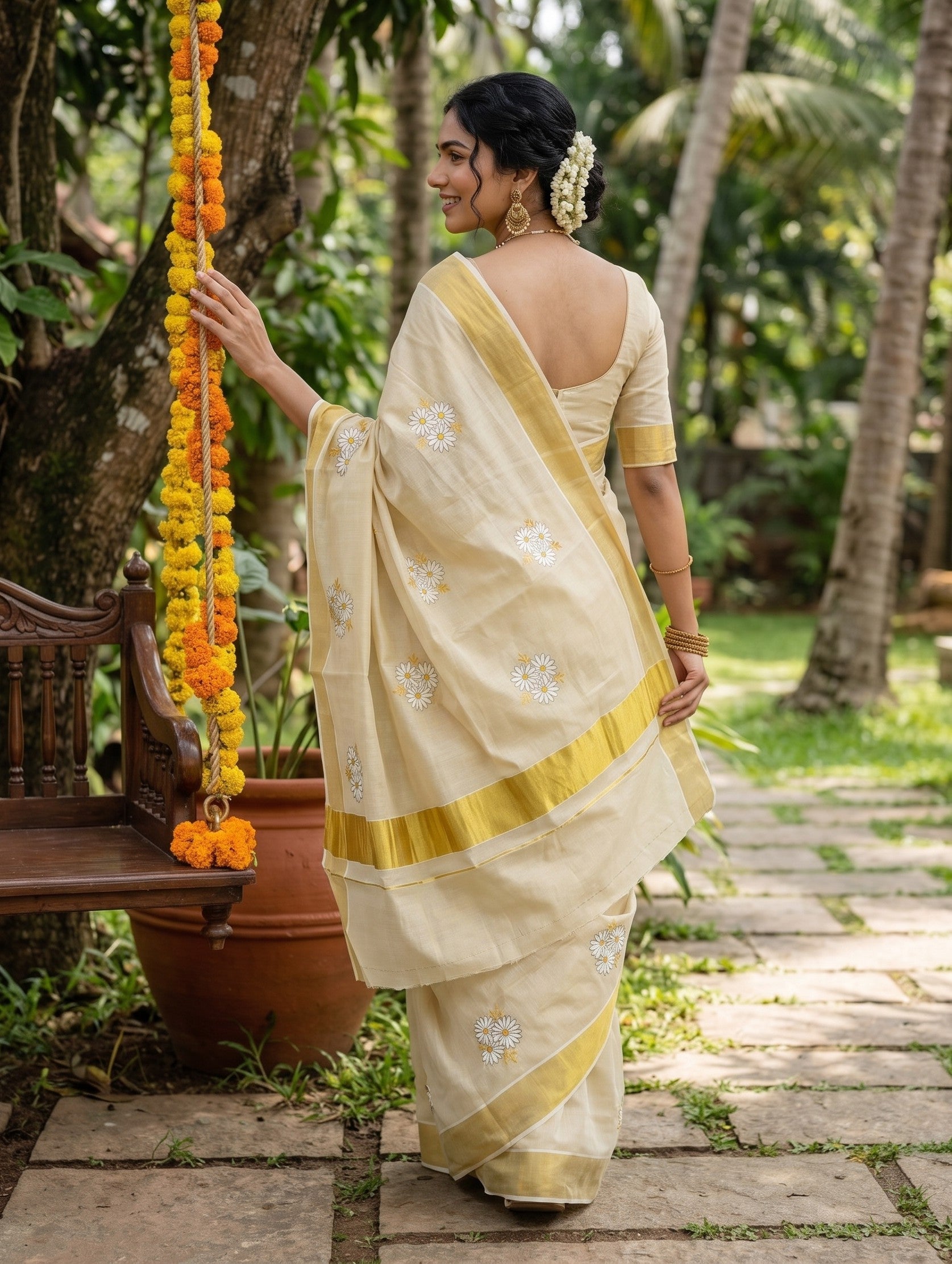A woman wearing a cream-colored cotton saree with yellow borders and white floral motifs, standing in a garden and looking over her shoulder while holding a yellow and orange marigold garland.