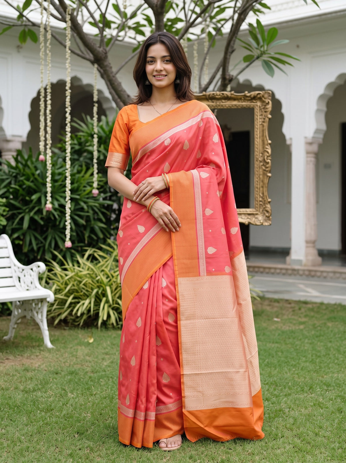 A woman stands outdoors on a lawn wearing a coral pink and orange saree with a peach blouse. The saree has small metallic motifs and a wide peach border, with a matching peach blouse.