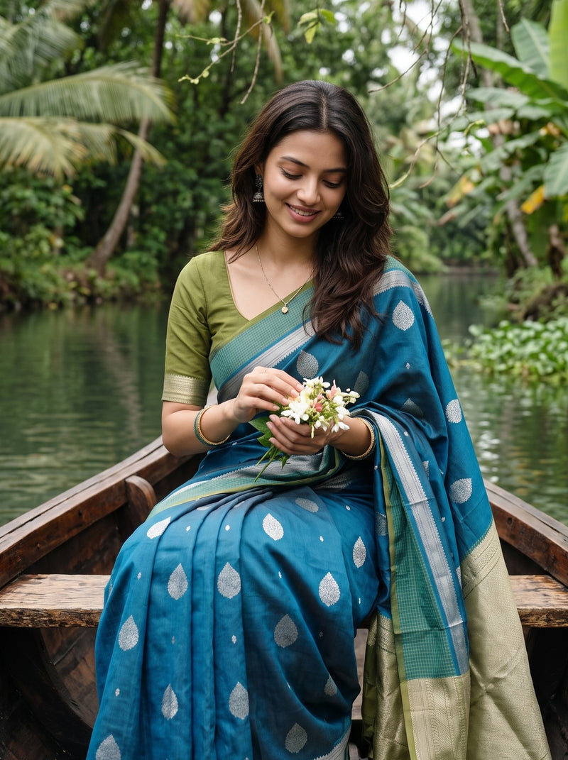 A woman wearing a teal blue and olive green saree sits in a wooden boat on a river, holding a small bouquet of white flowers. The background is a lush green tropical forest.