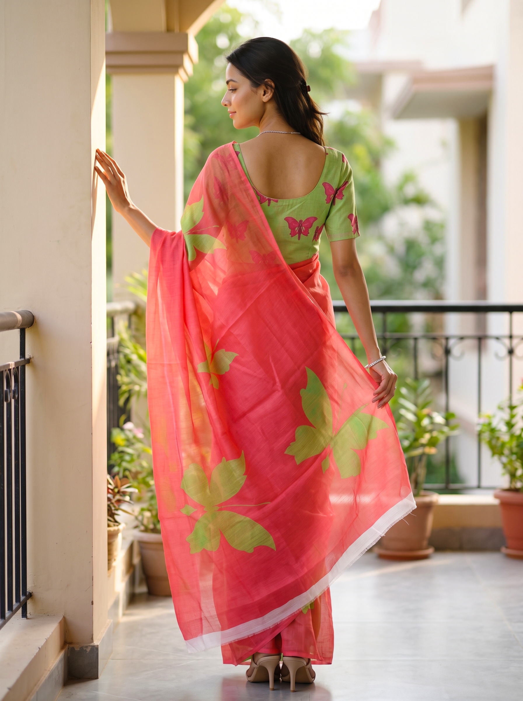Cotton Pink Saree with Green Color Butterfly Print