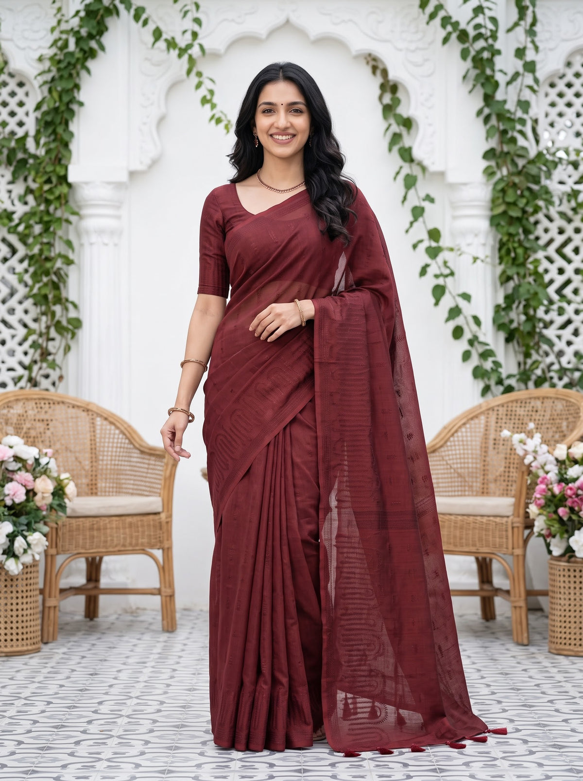 Mul Chanderi Maroon Self-Tone Dobby Weave Leaf Border