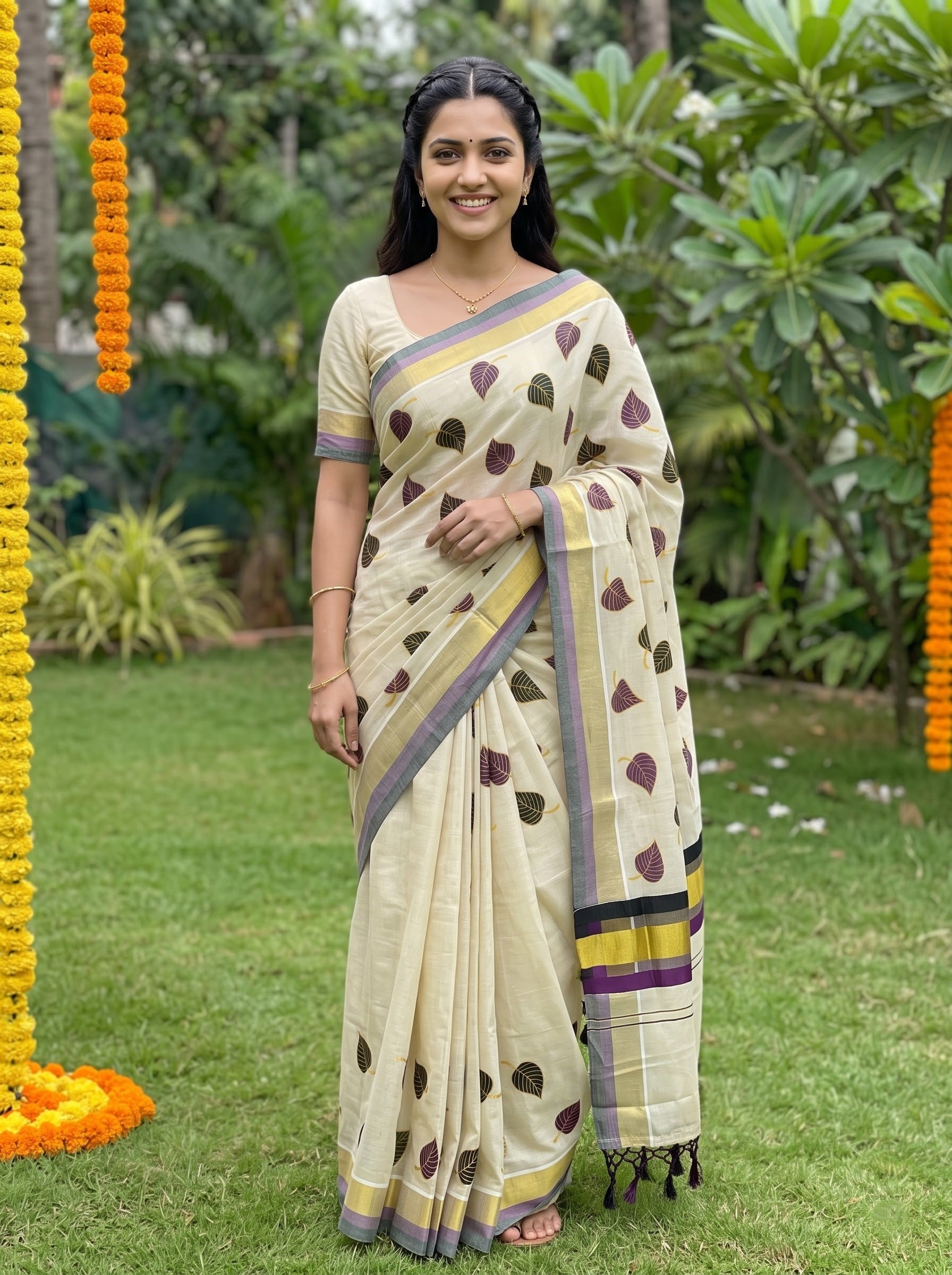 A woman wearing a cream-colored cotton saree with purple and yellow geometric motifs and borders, standing outdoors on a green lawn with plants and orange marigold garlands in the background.