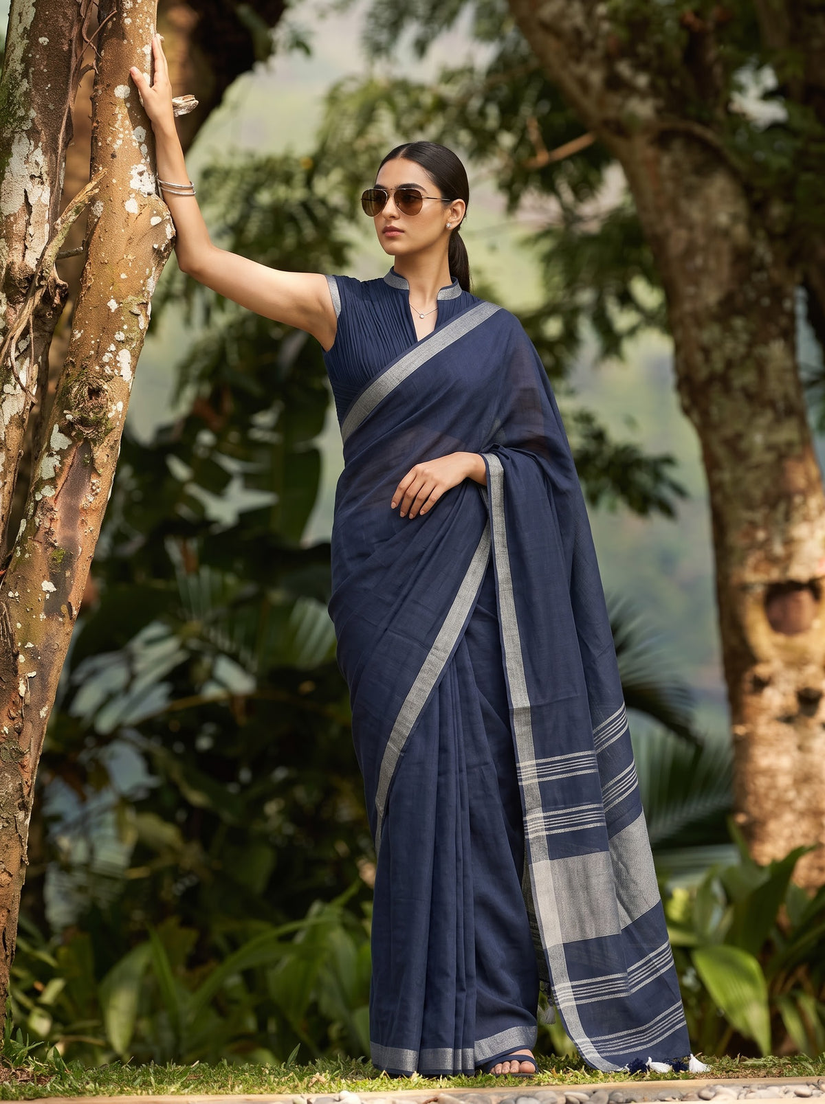 Linen Navy Blue Silver  Zari Striped Pallu Saree with Zari Border