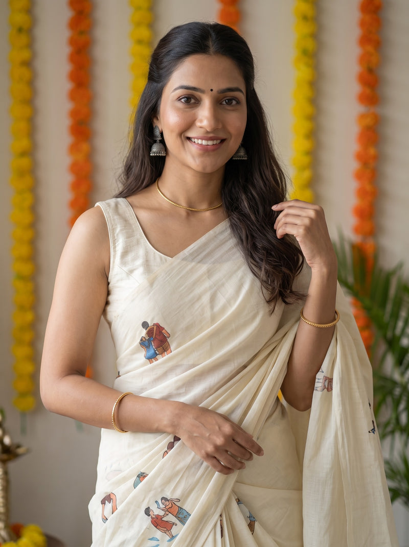 A woman wearing a cream-colored cotton saree with small colorful printed motifs, paired with a matching sleeveless blouse. She is standing in front of a decorated background with yellow and orange marigold garlands.