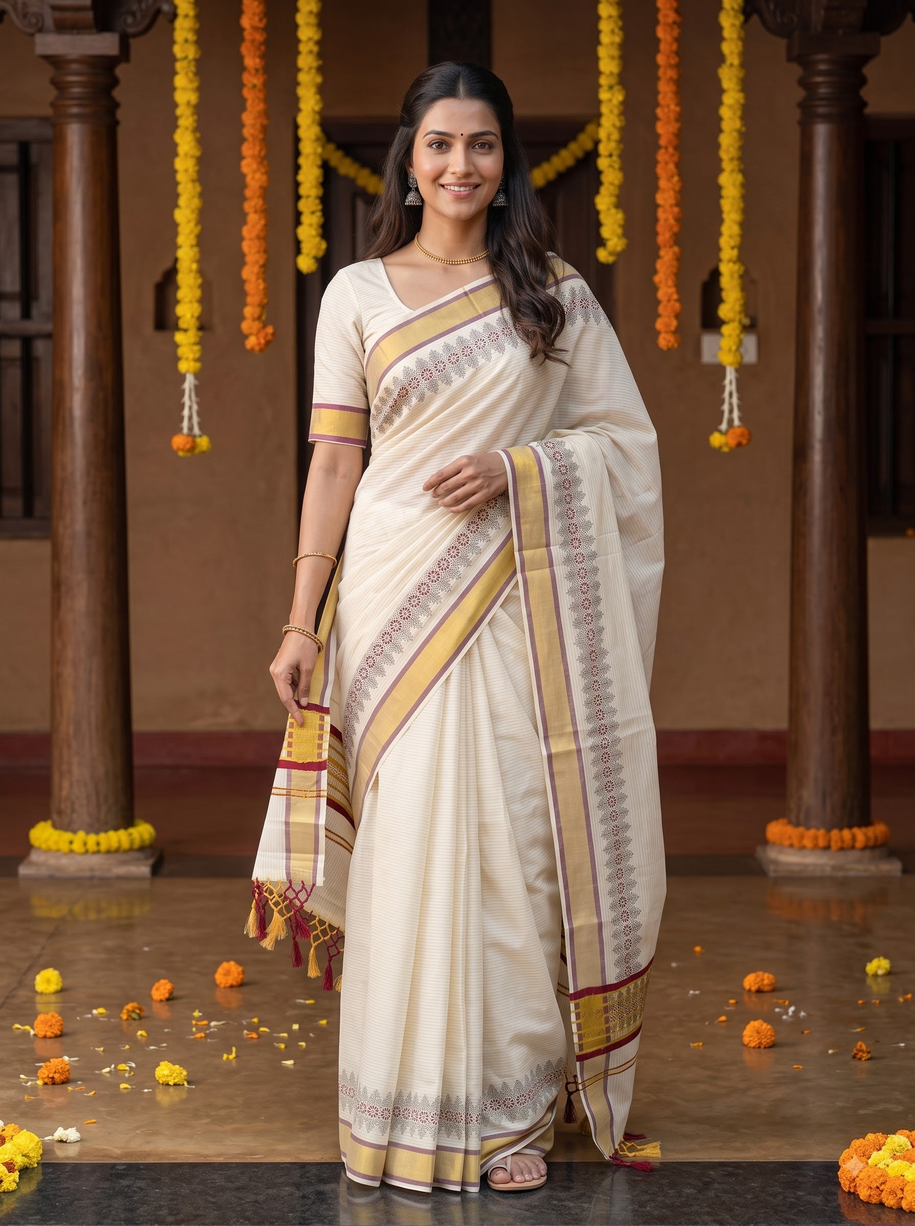 A woman modeling a cream-colored cotton saree with a gold and brown border, standing in a decorated hall with wooden pillars and yellow marigold garlands.