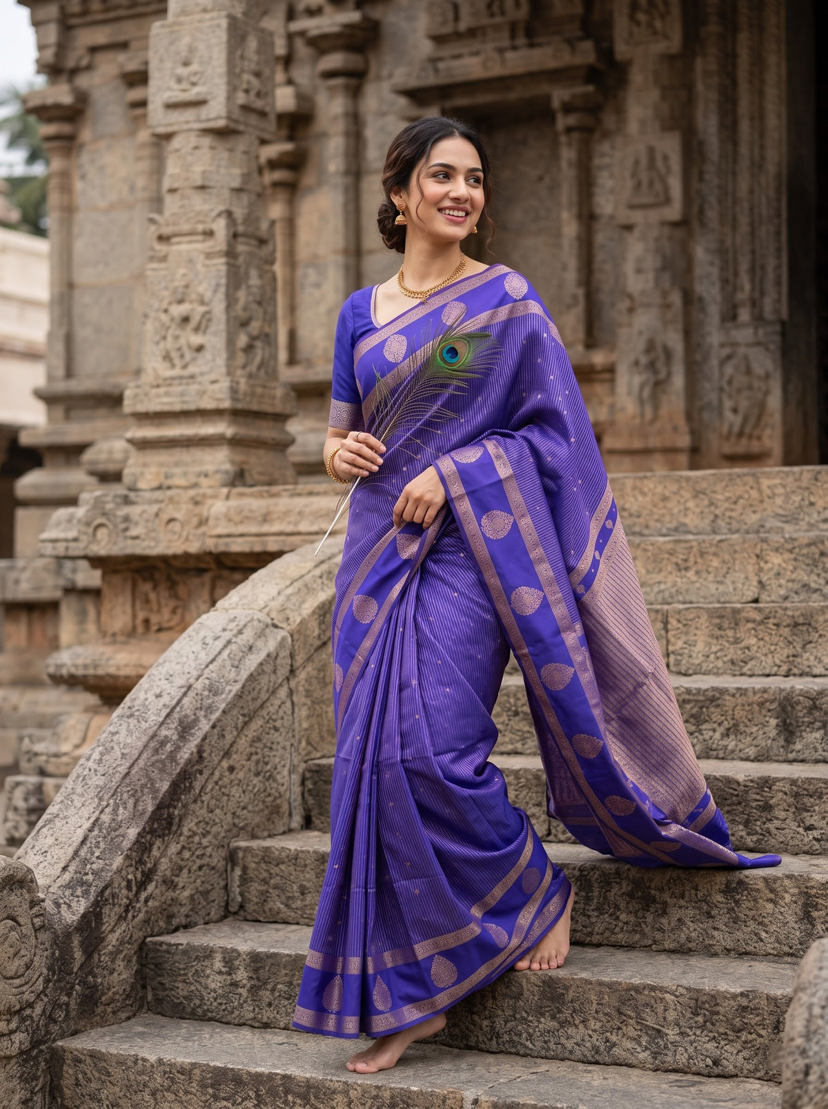 Semi Silk Indigo Woven Zari Stripe Pallu Saree with Large Paisley Motif Border