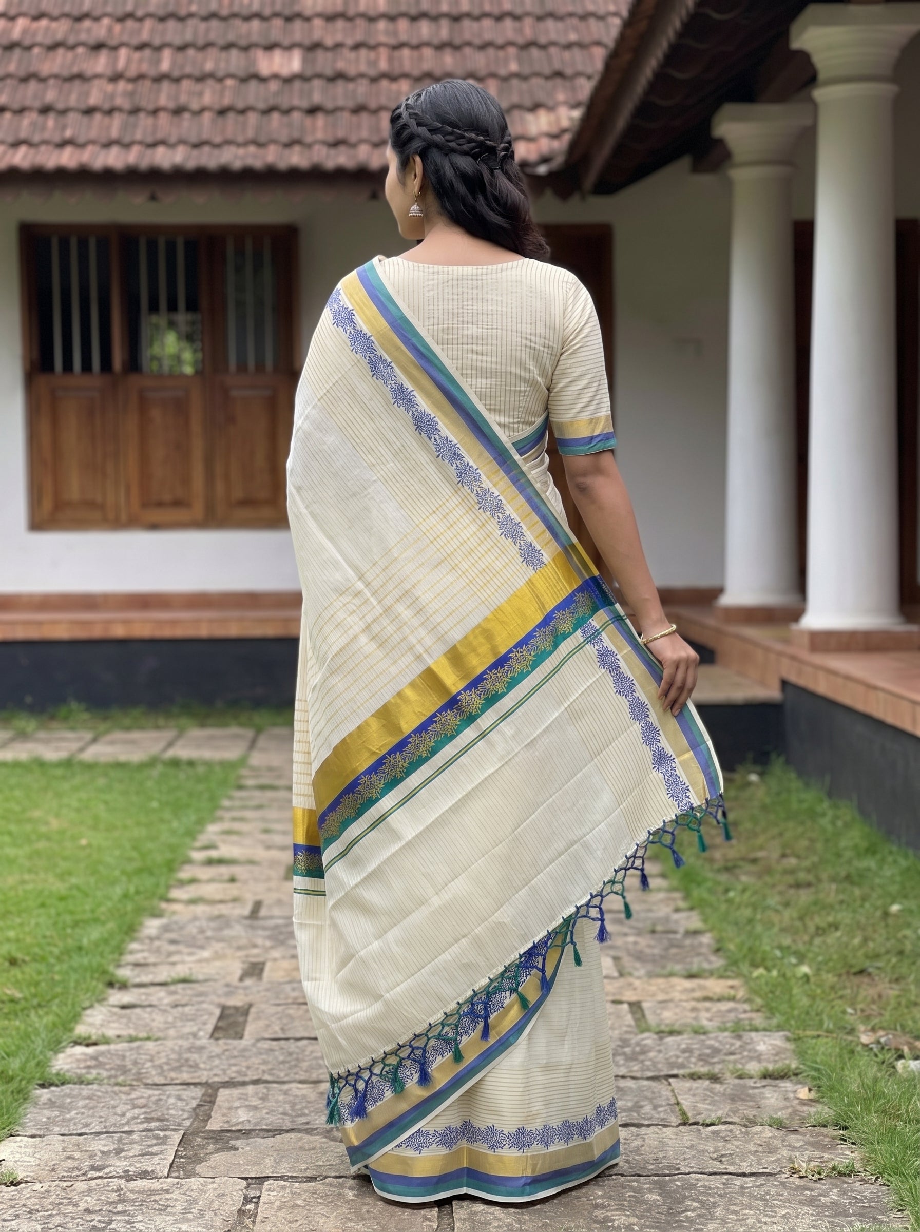 Cotton Cream Gold Blue Green Floral Border Kerala Saree