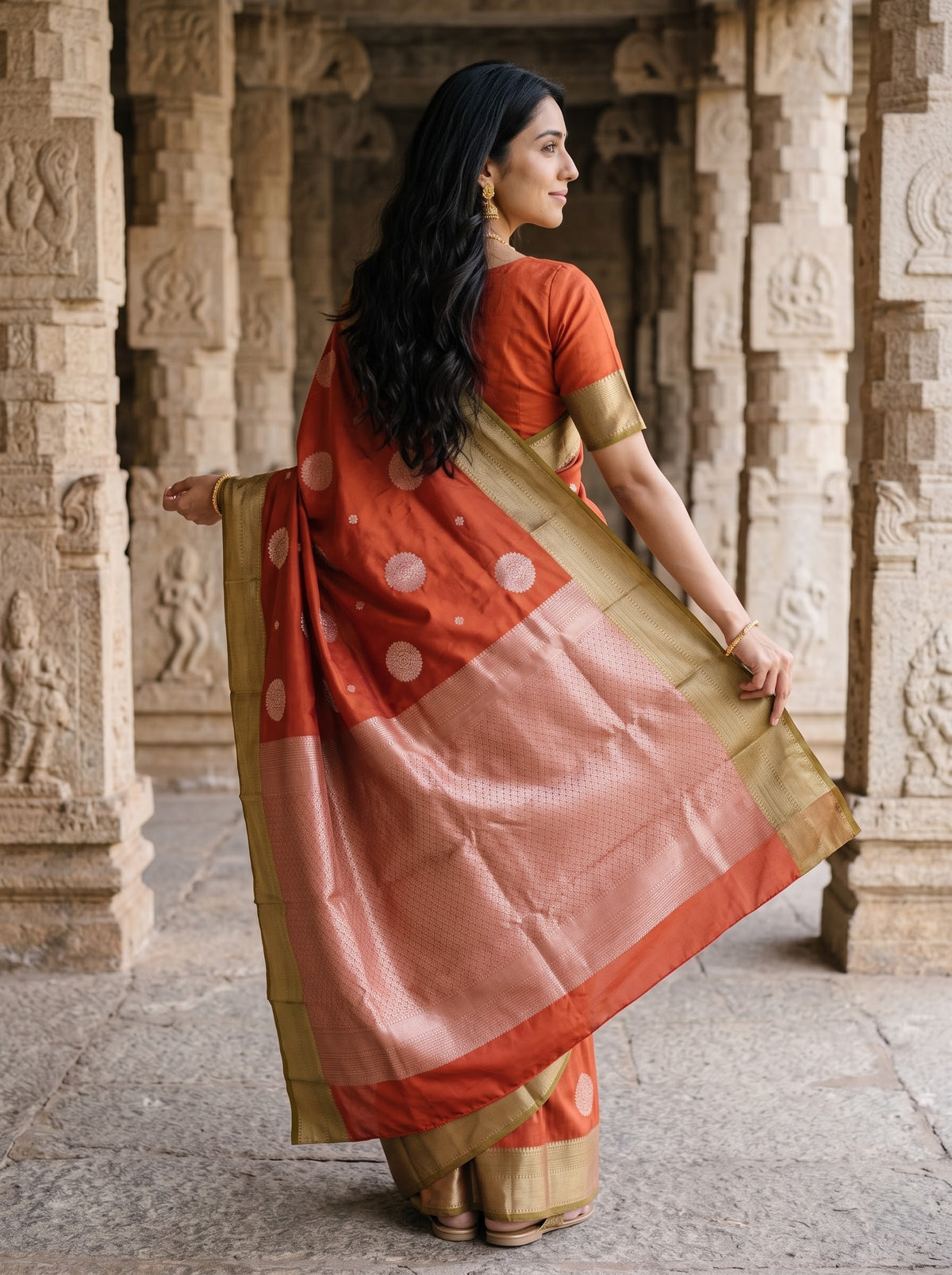 Semi Silk Rust Orange Saree with Silver Zari Woven Pallu, Large Round Buttas and Gold Border