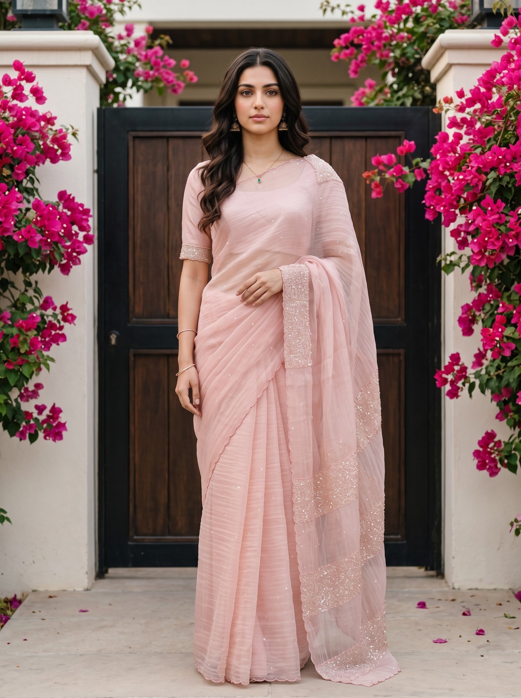 A woman wearing a light pink traditional sari with matching blouse stands in front of a dark wooden door framed by white pillars and abundant bright pink flowers.