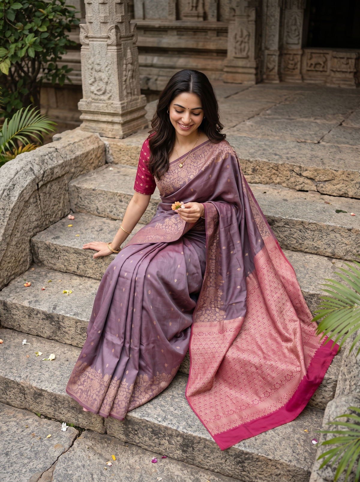 A woman wearing a purple and pink saree with gold patterns sits on stone steps outdoors.