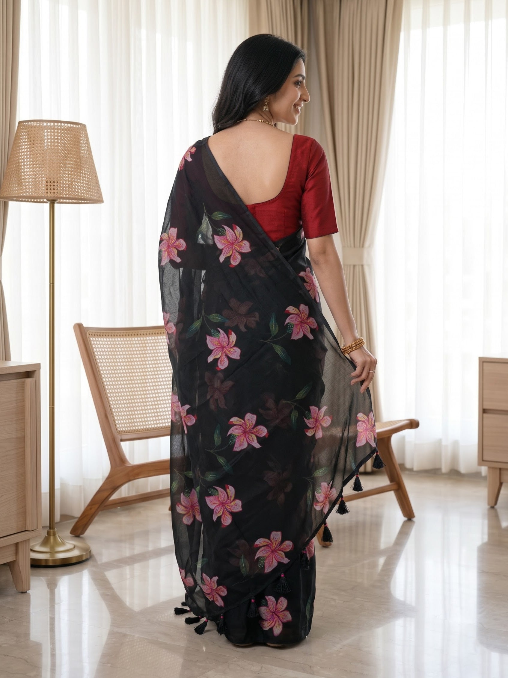 Organza Black Pink Lily Floral Print Saree with Tassels