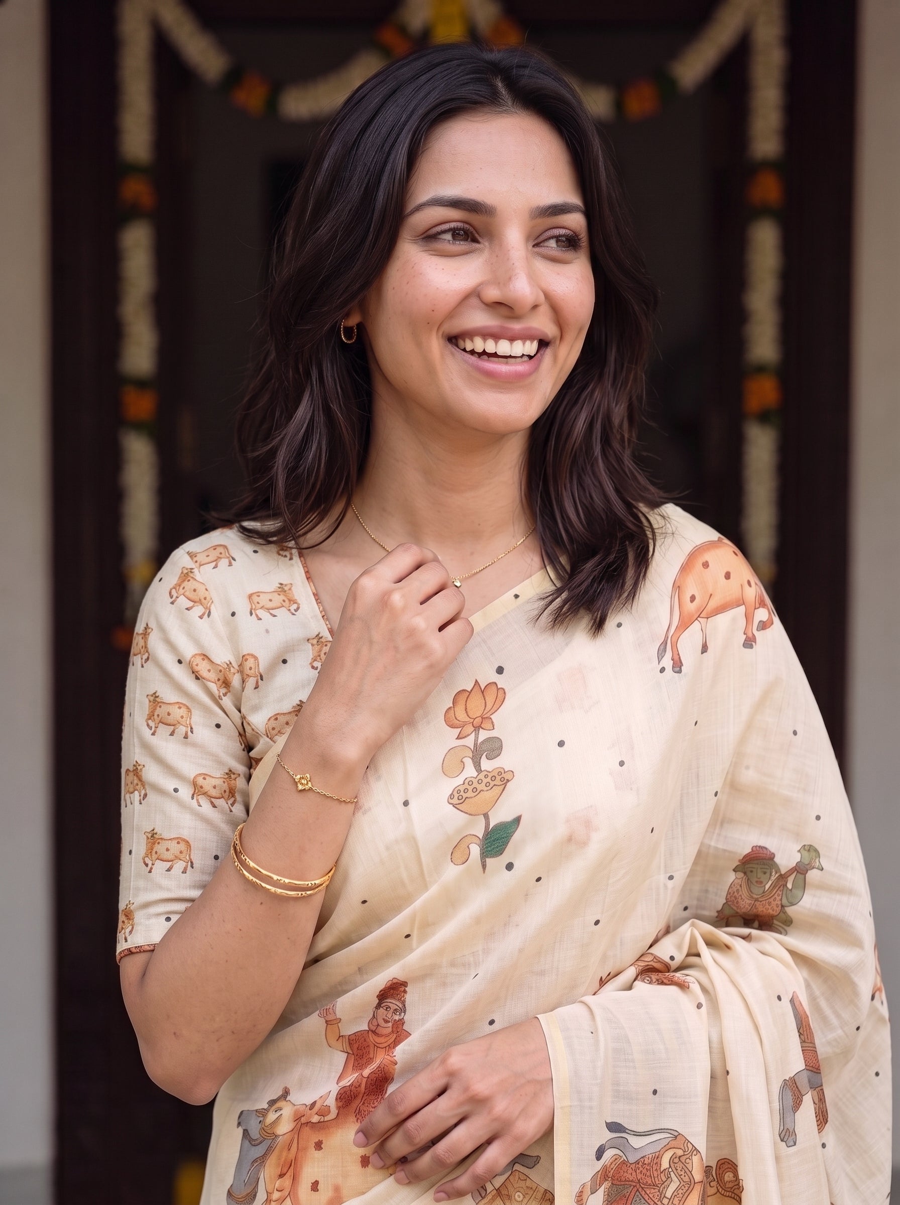 A woman smiling and wearing a light beige printed saree with traditional motifs, standing in front of a dark doorway decorated with garlands.