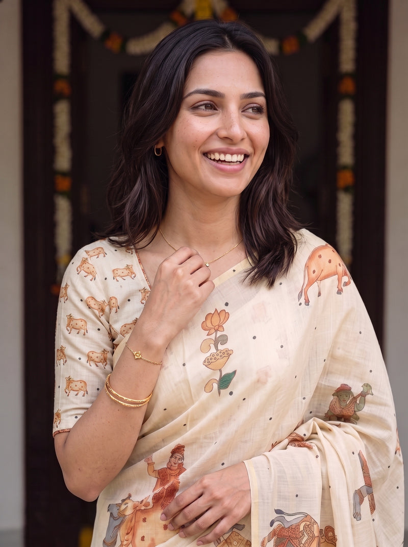 A woman smiling and wearing a light beige printed saree with traditional motifs, standing in front of a dark doorway decorated with garlands.