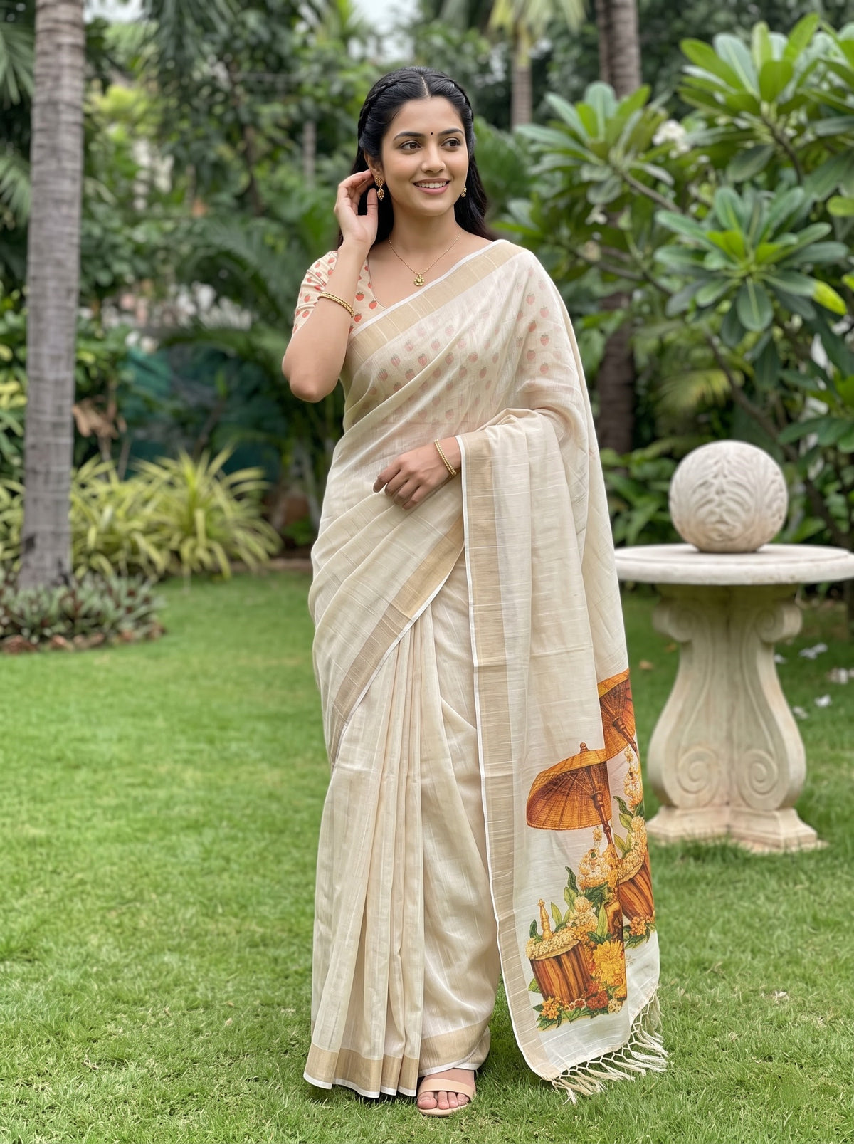 A woman wearing a cream-colored printed saree stands on a green lawn in a garden setting. The saree has a subtle dotted pattern on the upper portion and a colorful printed motif near the lower hem, with a matching cream blouse.