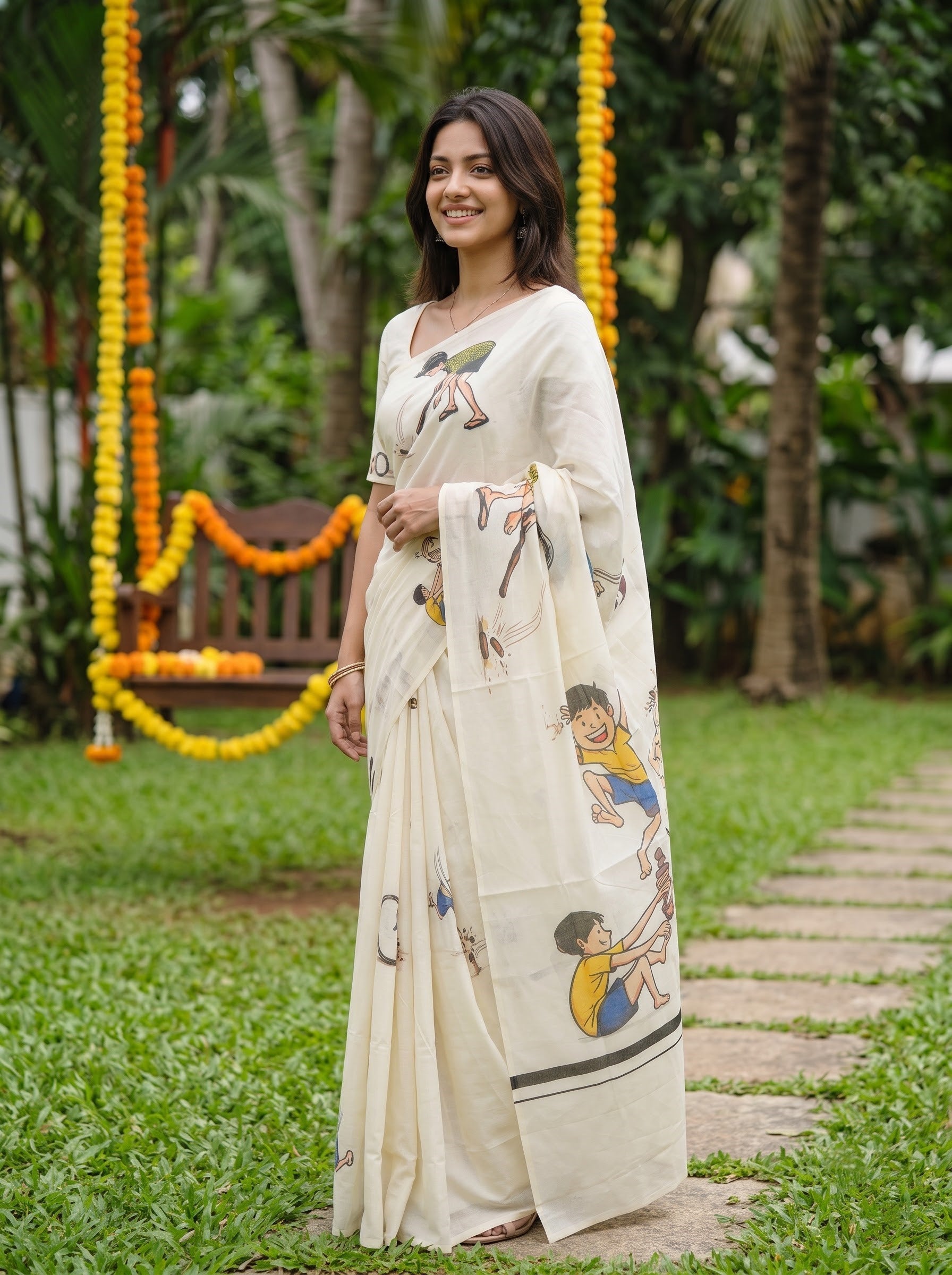 A woman wearing a cream-colored cotton saree with colorful hand-painted illustrations of children and traditional motifs, standing in a lush green garden with a swing decorated with yellow marigold garlands in the background.