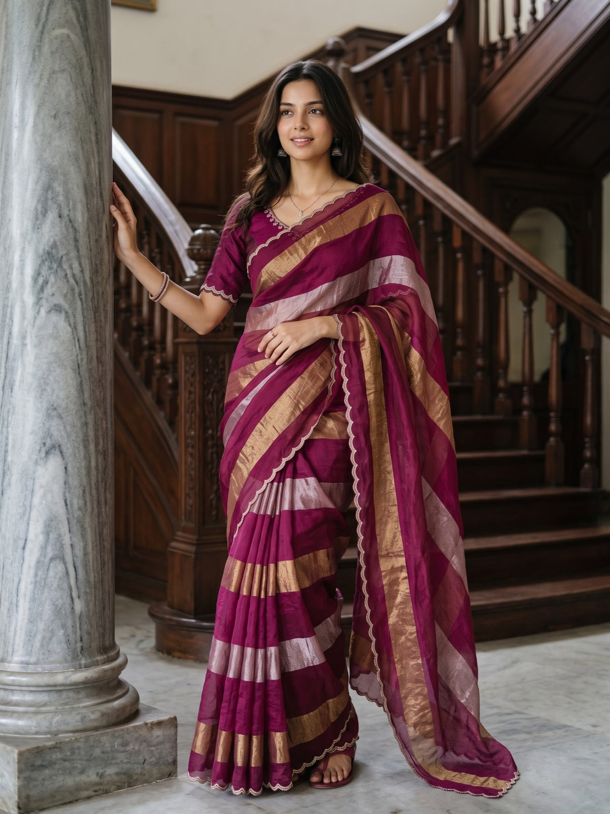 Organza Magenta Golden & Silver Zari Striped Saree with Stone Studded Scalloped Border
