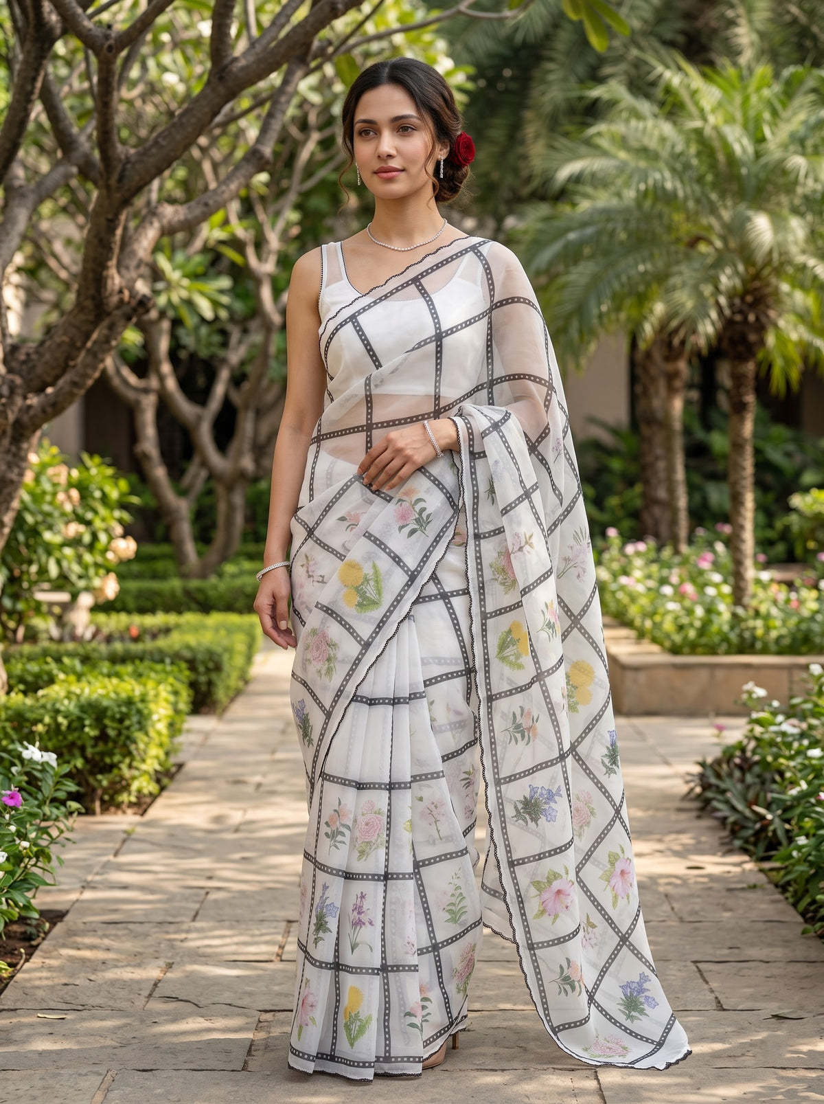 Organza White Film Strip Checkered Print Saree with Multicolor Botanical Floral Motifs and Black Beaded Edge