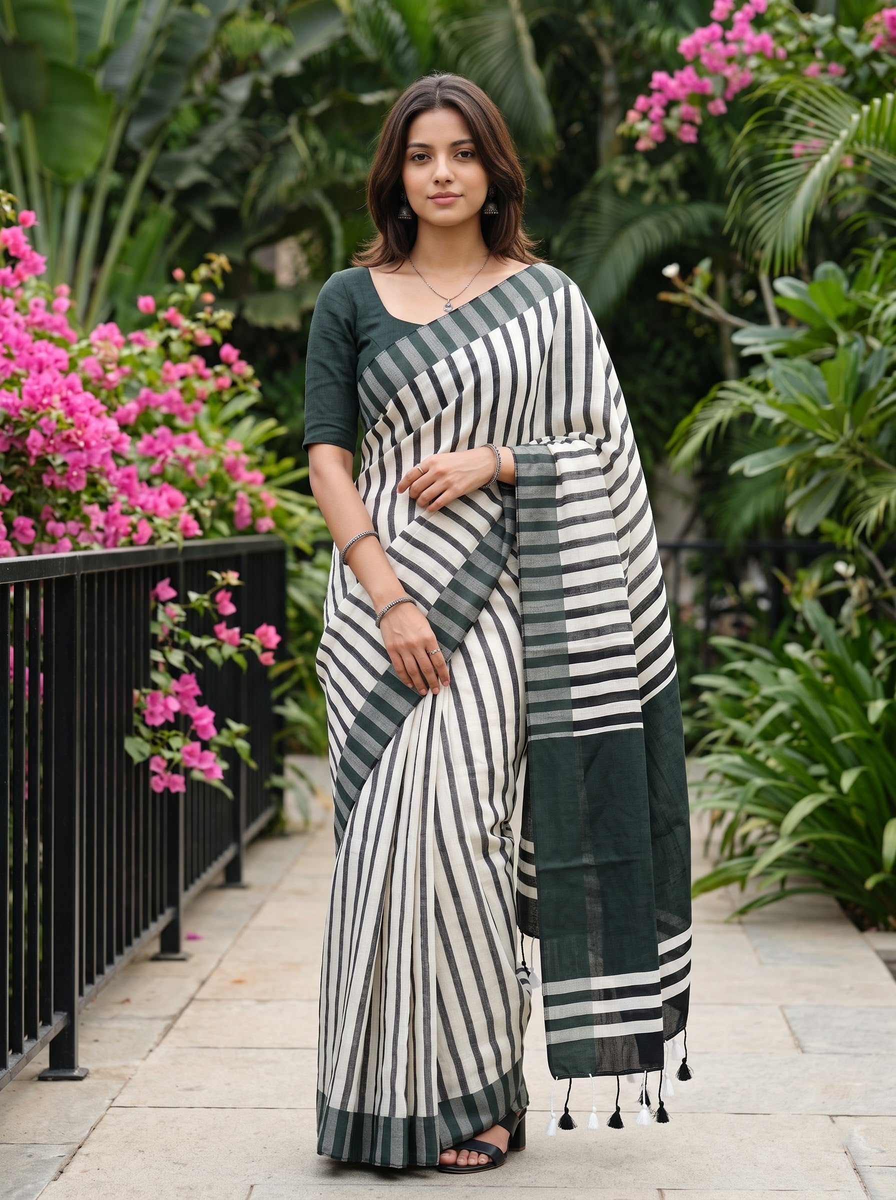 Linen Black White Striped Border Tasseled Saree