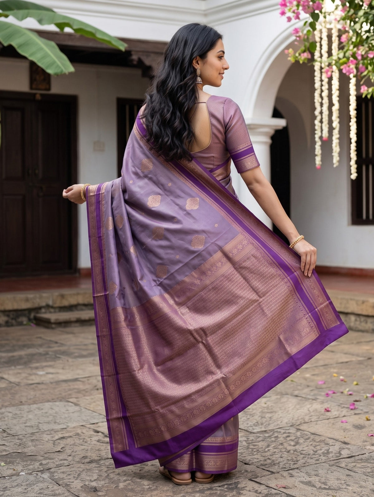 A woman wearing a lavender purple and bronze metallic silk saree with a matching blouse, standing in a courtyard and holding out the saree drape to show its border and pallu.
