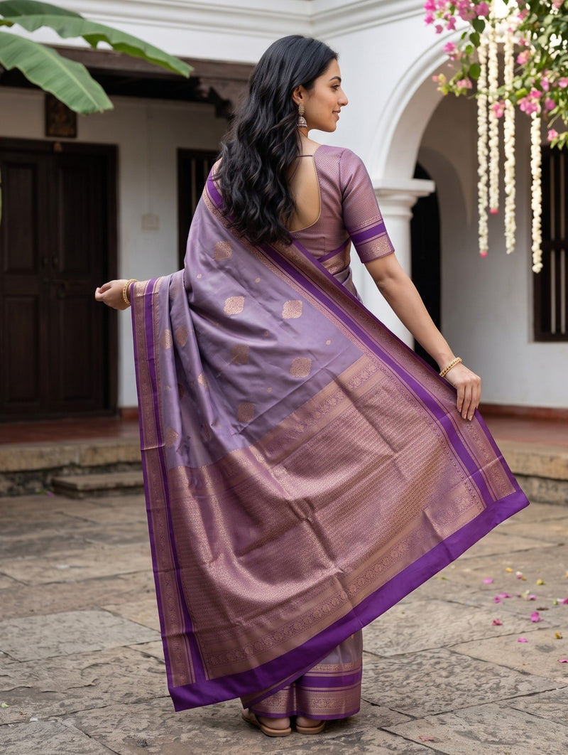 A woman wearing a lavender purple and bronze metallic silk saree with a matching blouse, standing in a courtyard and holding out the saree drape to show its border and pallu.