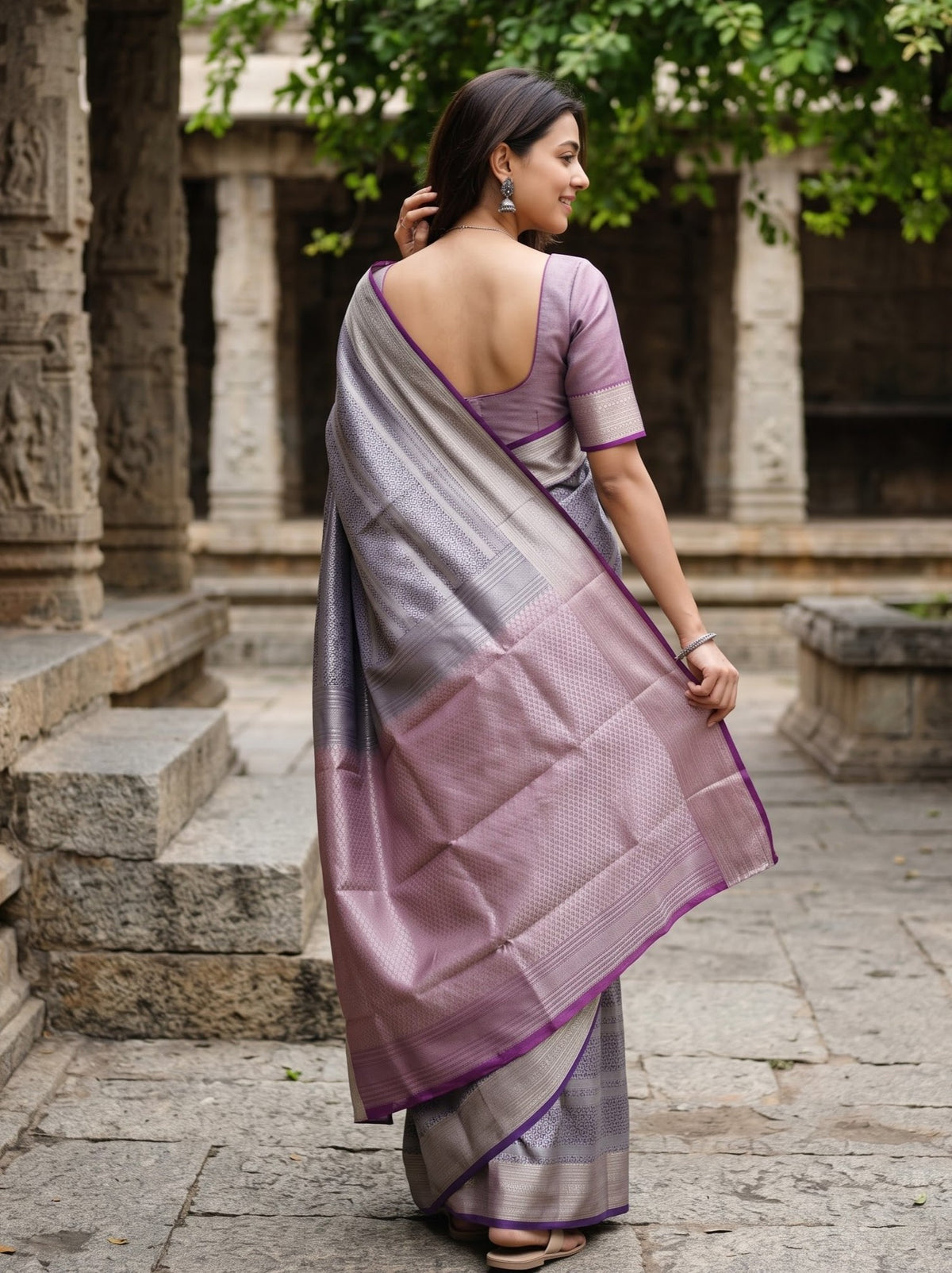 Semi Silk Deep Purple Zari Floral Jaal Magenta Pallu Diamond Booti saree