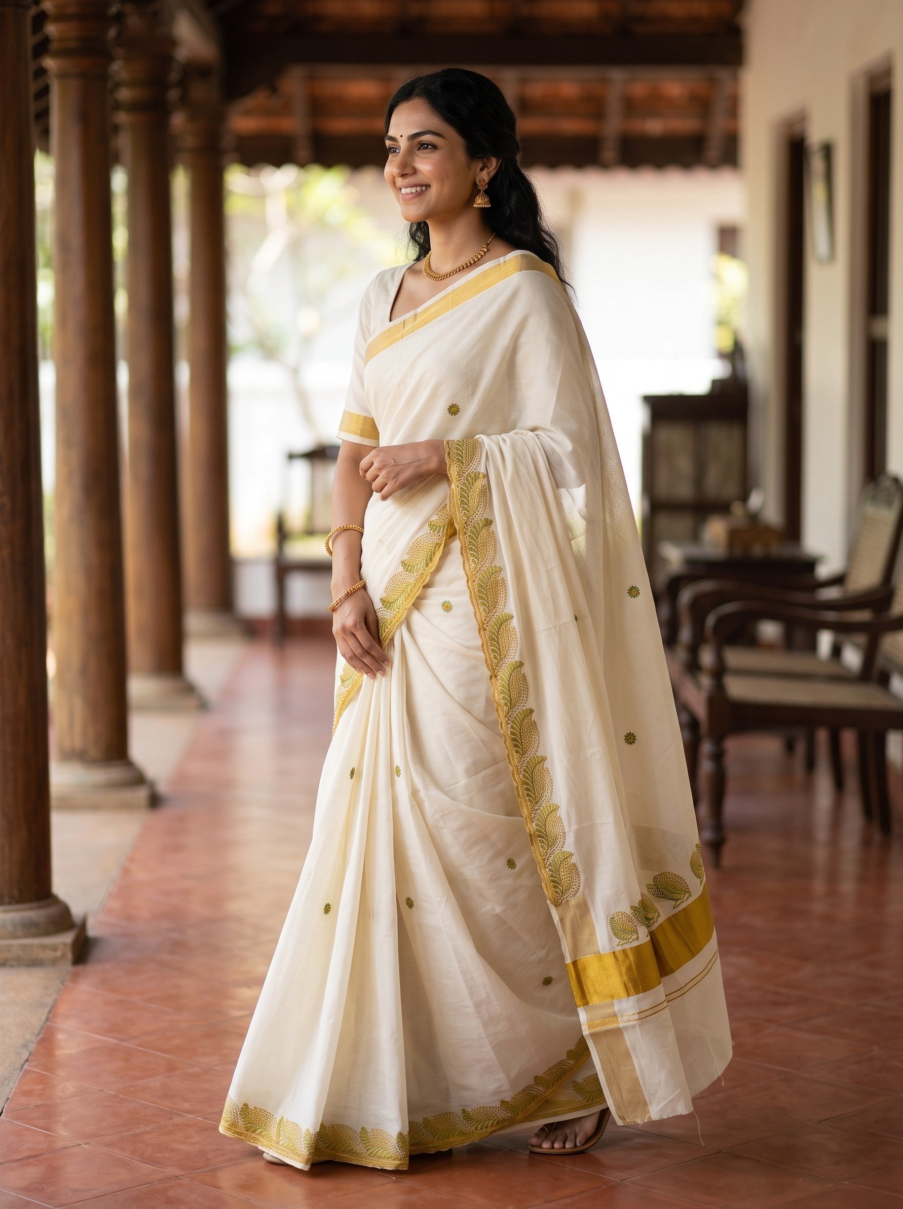 A woman wearing a white silk saree with gold border and motifs, standing in a traditional corridor with wooden pillars.