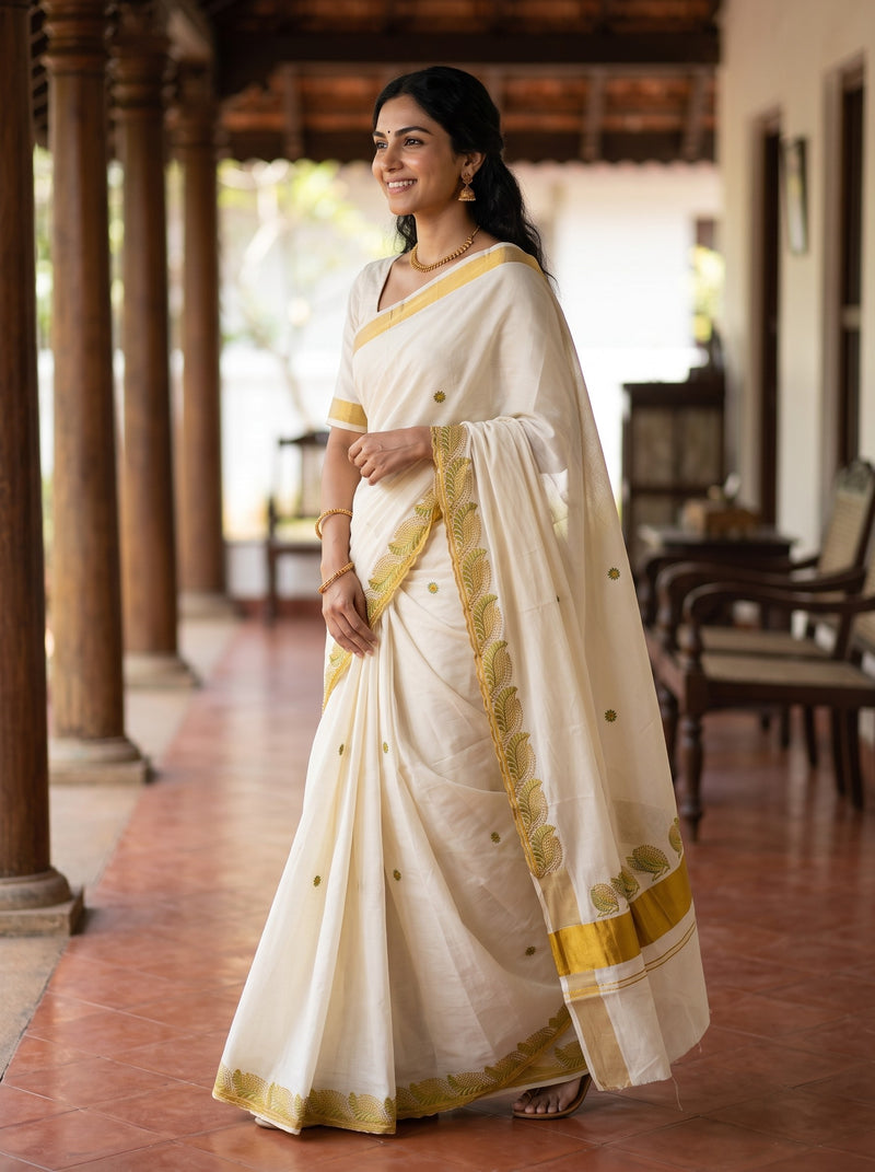 A woman wearing a white silk saree with gold border and motifs, standing in a traditional corridor with wooden pillars.