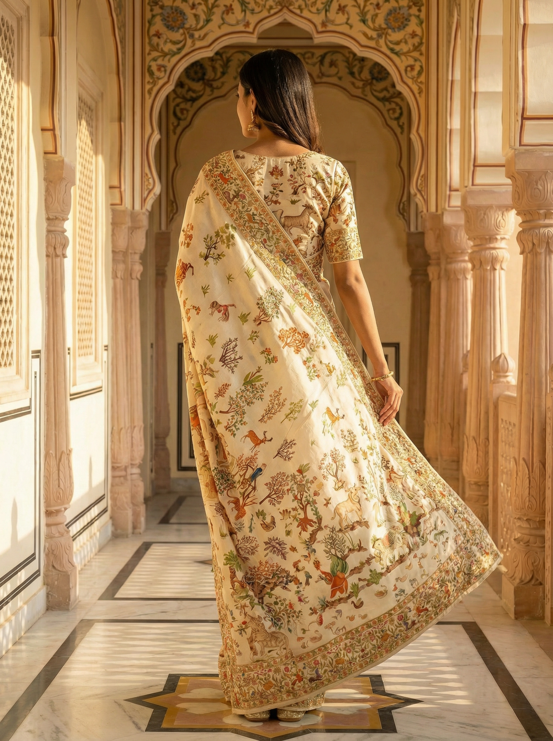 Georgette Banarasi  Cream Multicolor Wildlife Printed Saree
