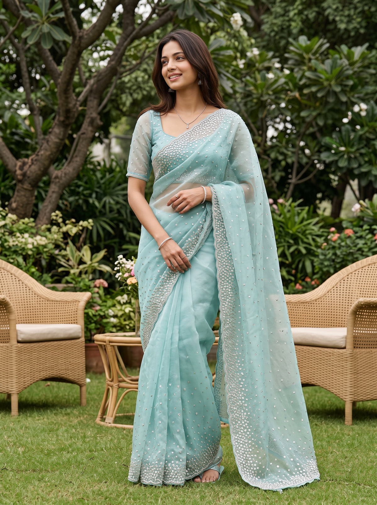 Organza Aqua Blue Pearl Sequin Stone Work Scattered Embroidered Saree