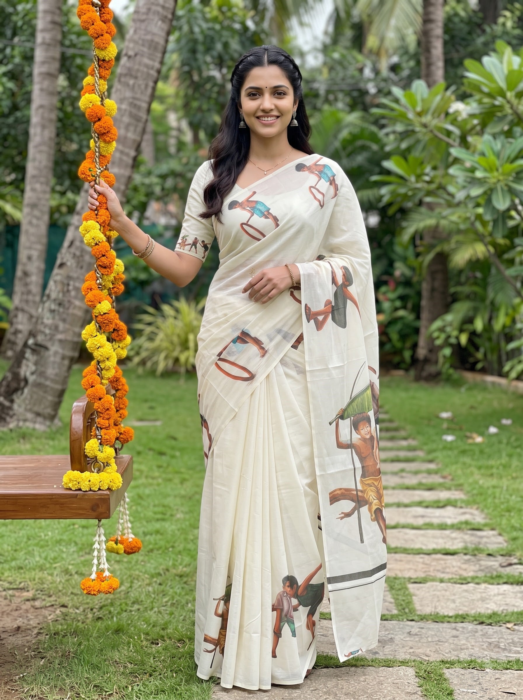 A woman wearing a cream-colored printed saree stands outdoors in a garden setting next to a wooden swing decorated with orange and yellow marigold garlands.