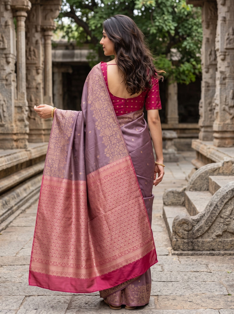 A woman wearing a traditional Indian saree stands in a stone courtyard. The saree has a dusty purple body with a wide pink border and a matching pink blouse with red polka dots.
