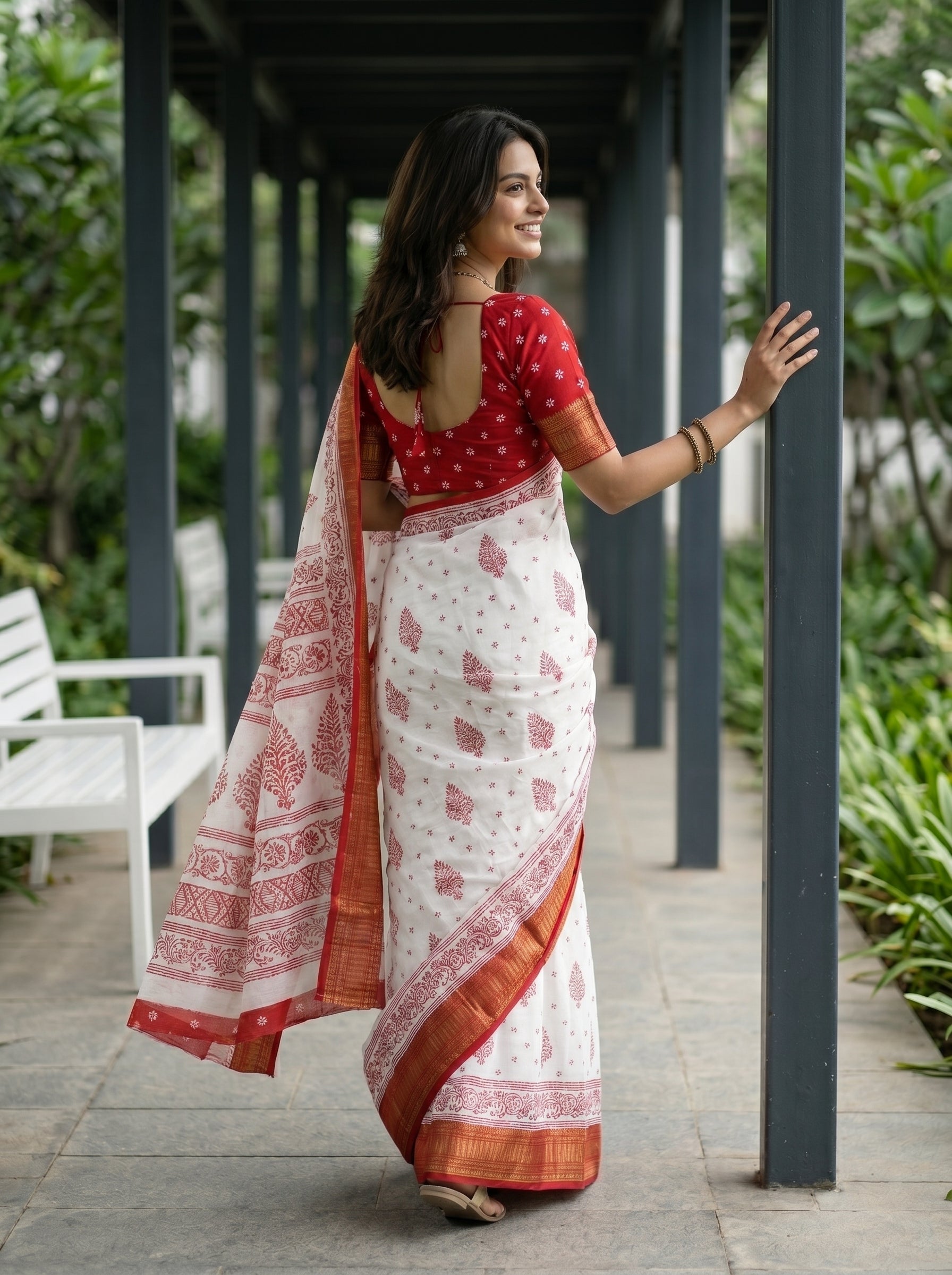 Synthetic White Red Floral Block Print Saree with Traditional Red Border
