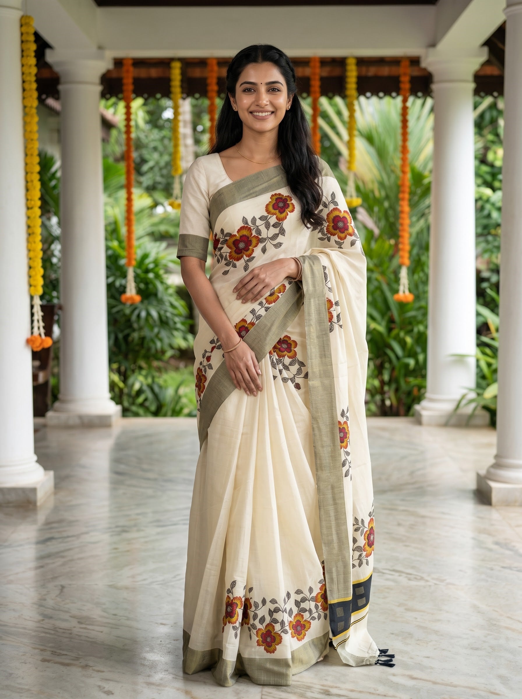 Tissue Cream Orange Floral Vine Print Onam Special Kerala Saree