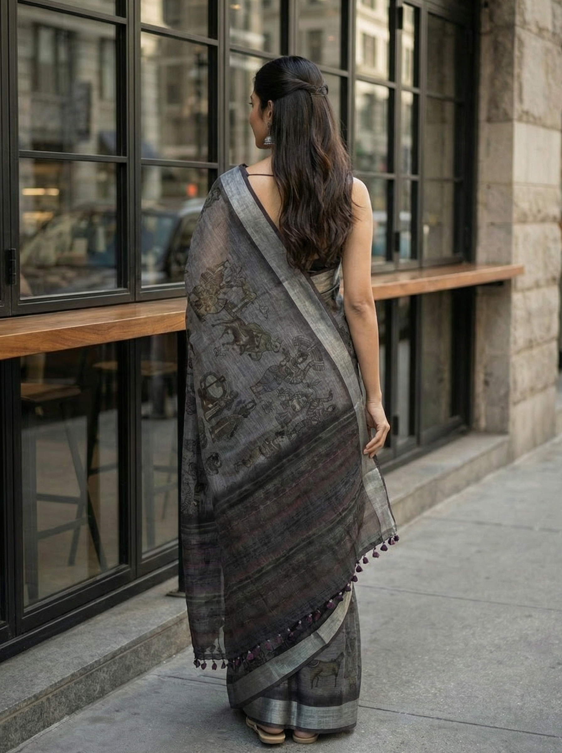 Linen Charcoal Grey Printed Saree