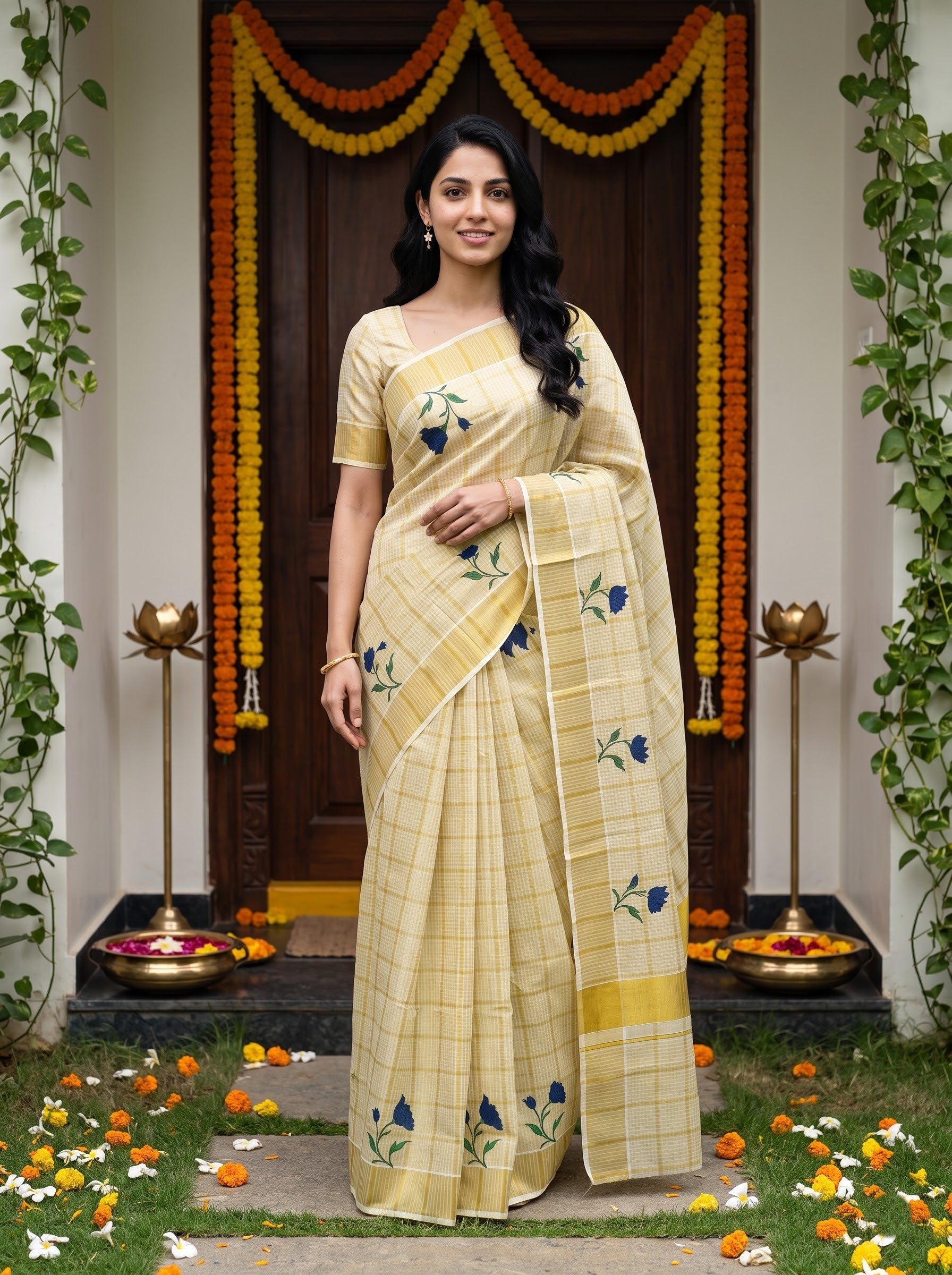 Tissue Golden Checkered Navy Flower Print with Golden Zari Border Onam Special Kerala Saree