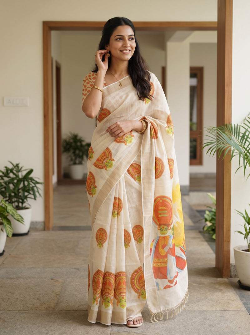 A woman wearing a cream-colored printed saree with orange, yellow, and green motifs, standing in a doorway with potted plants on both sides.