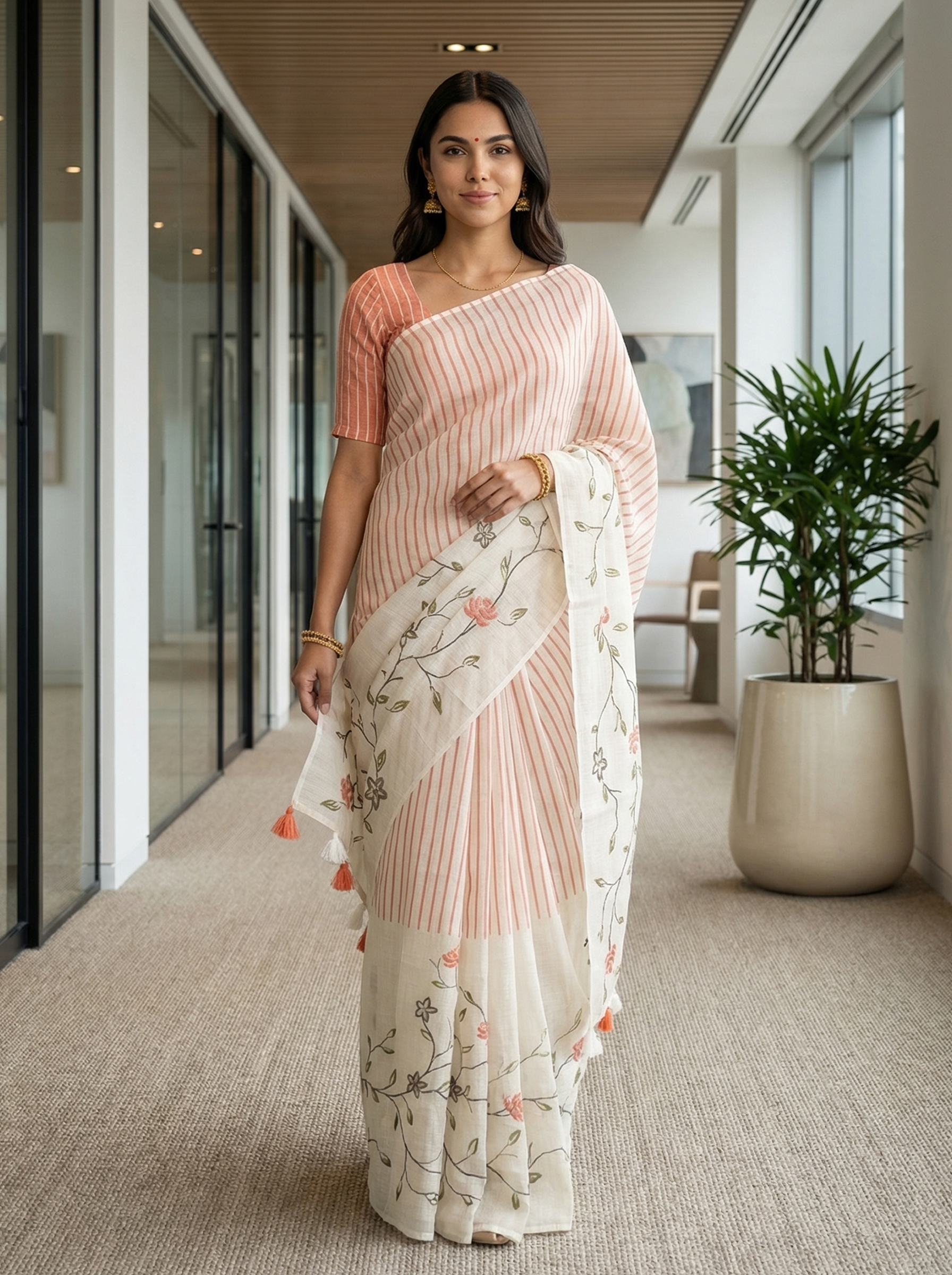 Woman in a Linen saree standing in an office setting
