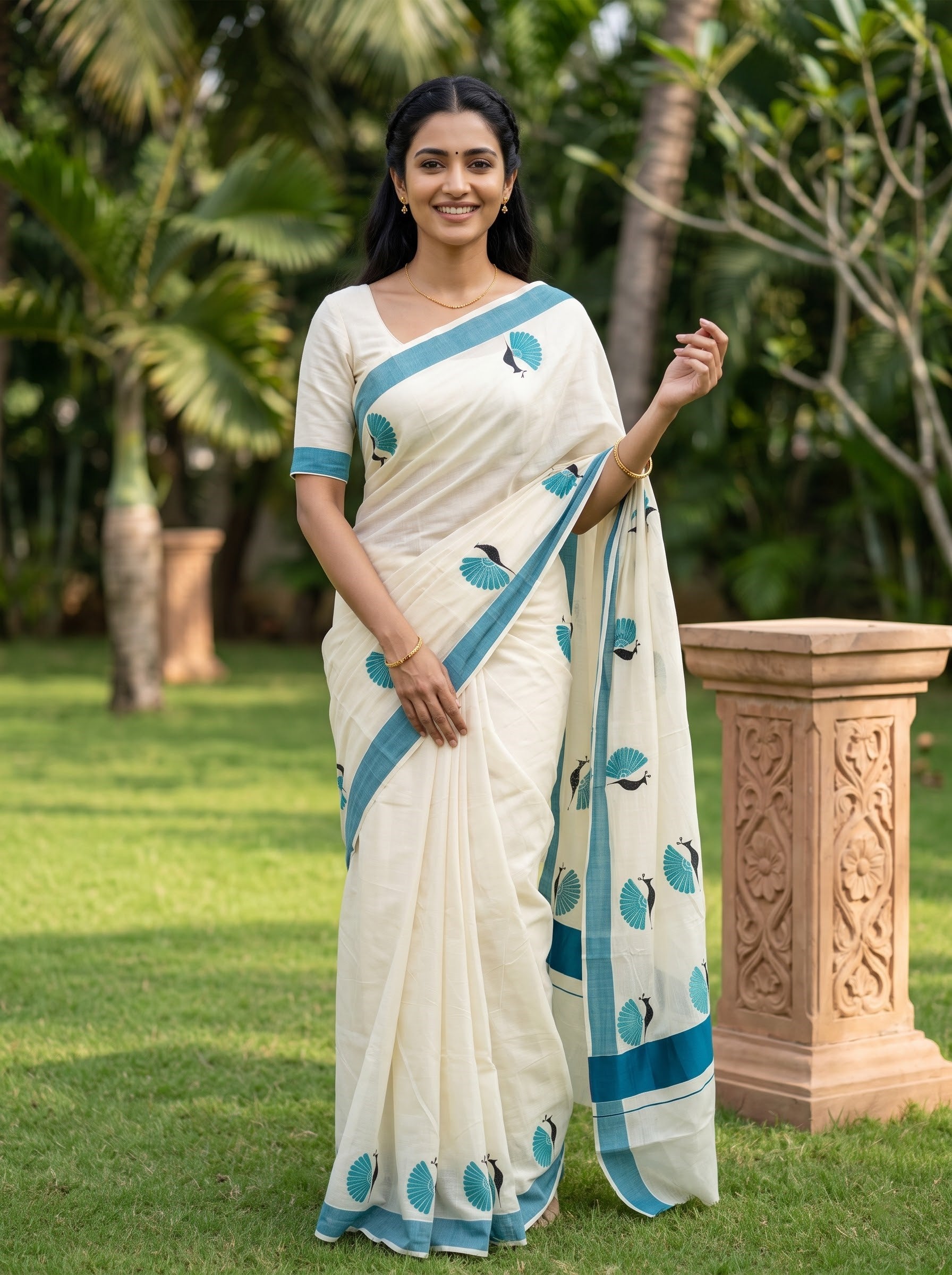 Cotton Off-White Teal Bird Motif Onam Special Kerala Saree with Solid Blue Border