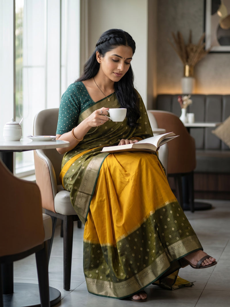 A woman in a mustard yellow and green saree sits at a table in a cafe, holding a white teacup and reading an open book.