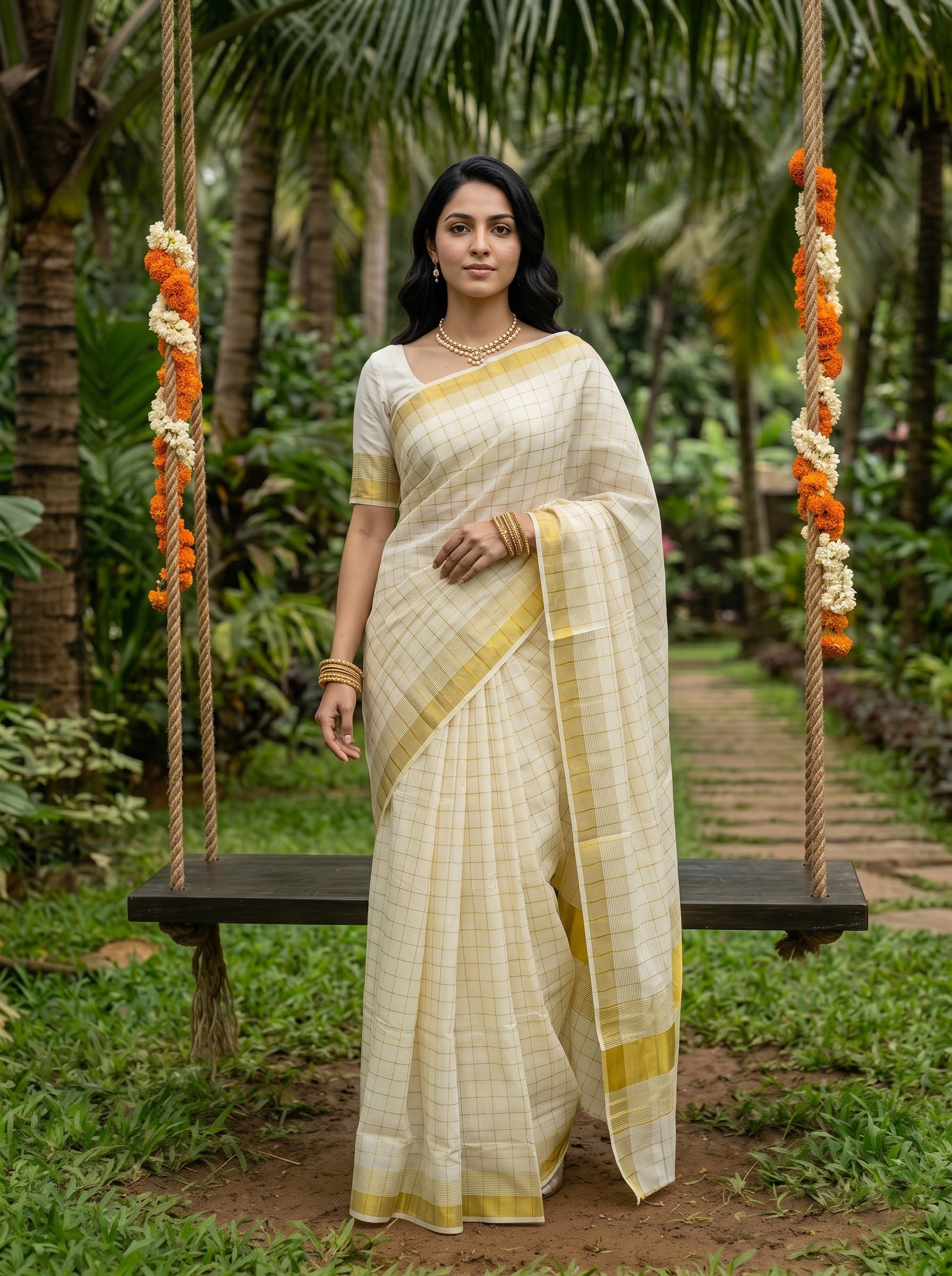 Tissue Cream Golden Checkered Weave with Golden Zari Border Onam Special Kerala Saree