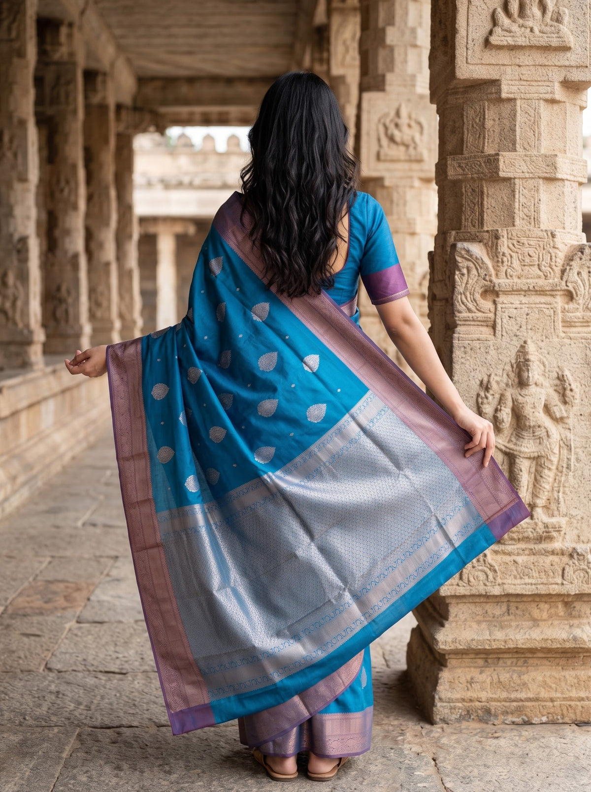 Semi Silk Peacock Blue Saree with Silver Zari Woven Pallu, Leaf Buttas and Contrast Mauve Border