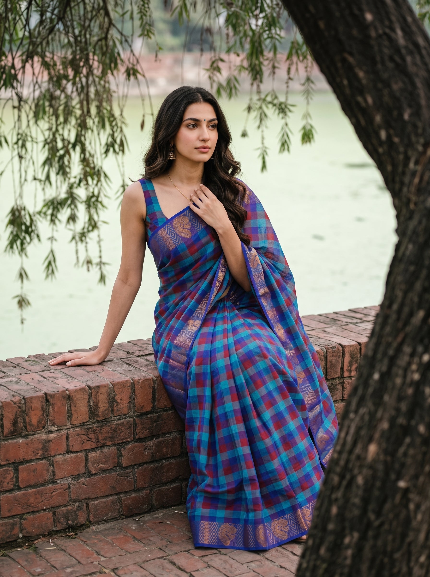 A woman wearing a blue and purple plaid saree with a matching sleeveless blouse, leaning against a brick wall outdoors near a tree and water.