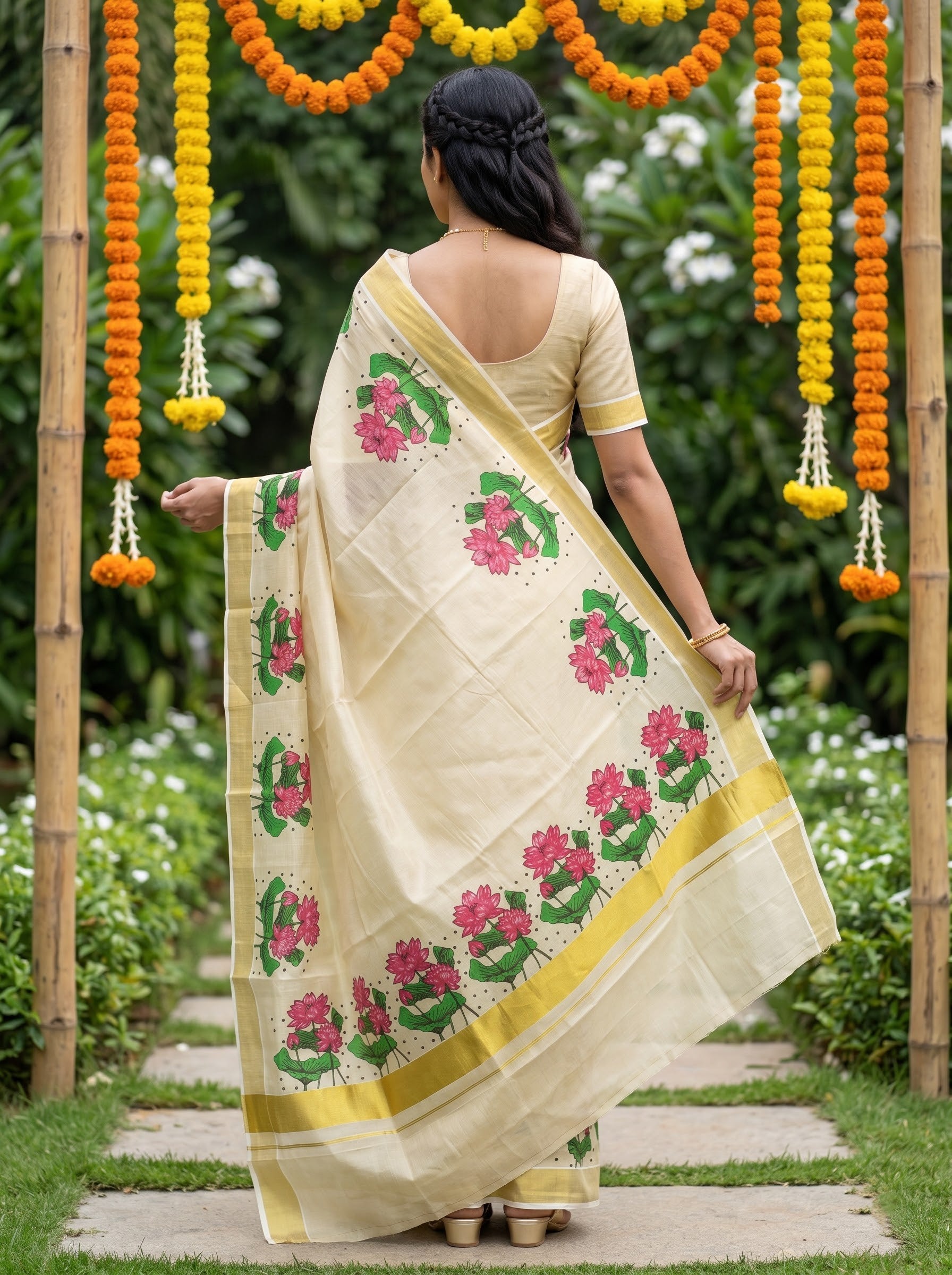 Tissue Cream Pink Lotus Floral Print with Golden Zari Border Onam Special Kerala Saree